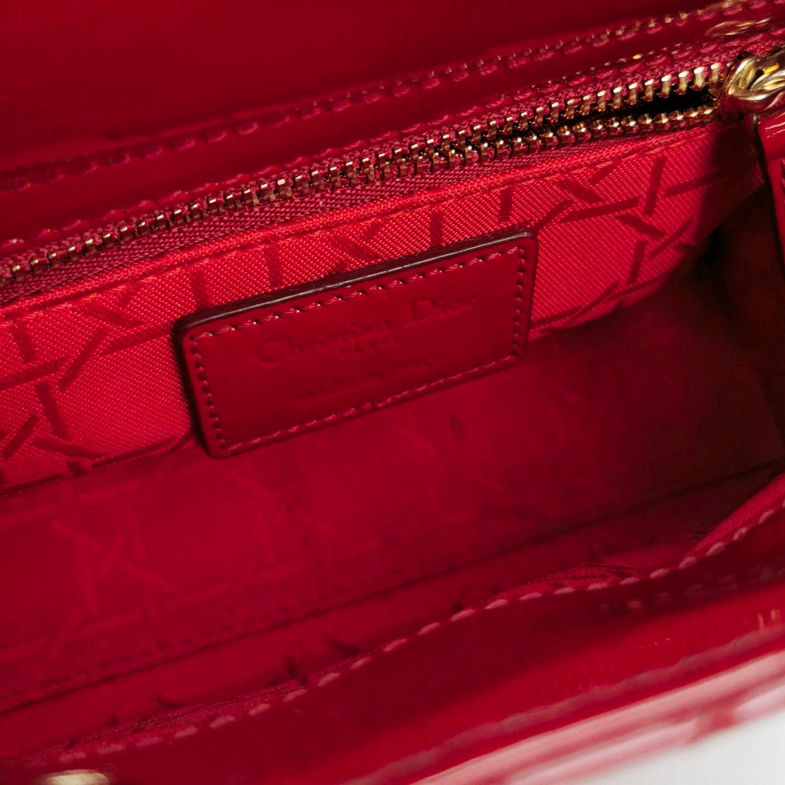Lady Dior Mini Handbag Red Patent Leather Gold-tone Leather and Chain Strap For Sale 5