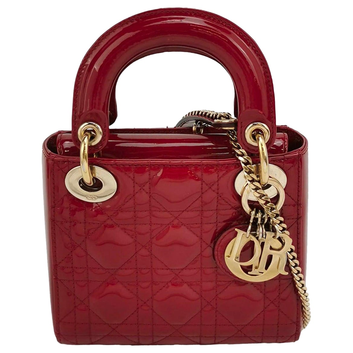 Mini borsetta Lady Dior in pelle verniciata rossa con tracolla a catena e pelle dorata