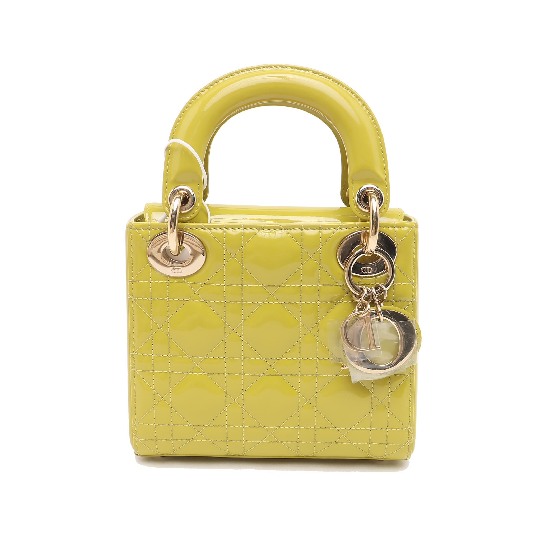 Lady Dior Mini Handbag Yellow Patent Leather Gold-tone Chain Strap
 These are professional photos of the actual bag.
 This Lady Dior Mini handbag features a stunning red color in patent leather decorated with gold hardware, gold embellished chain