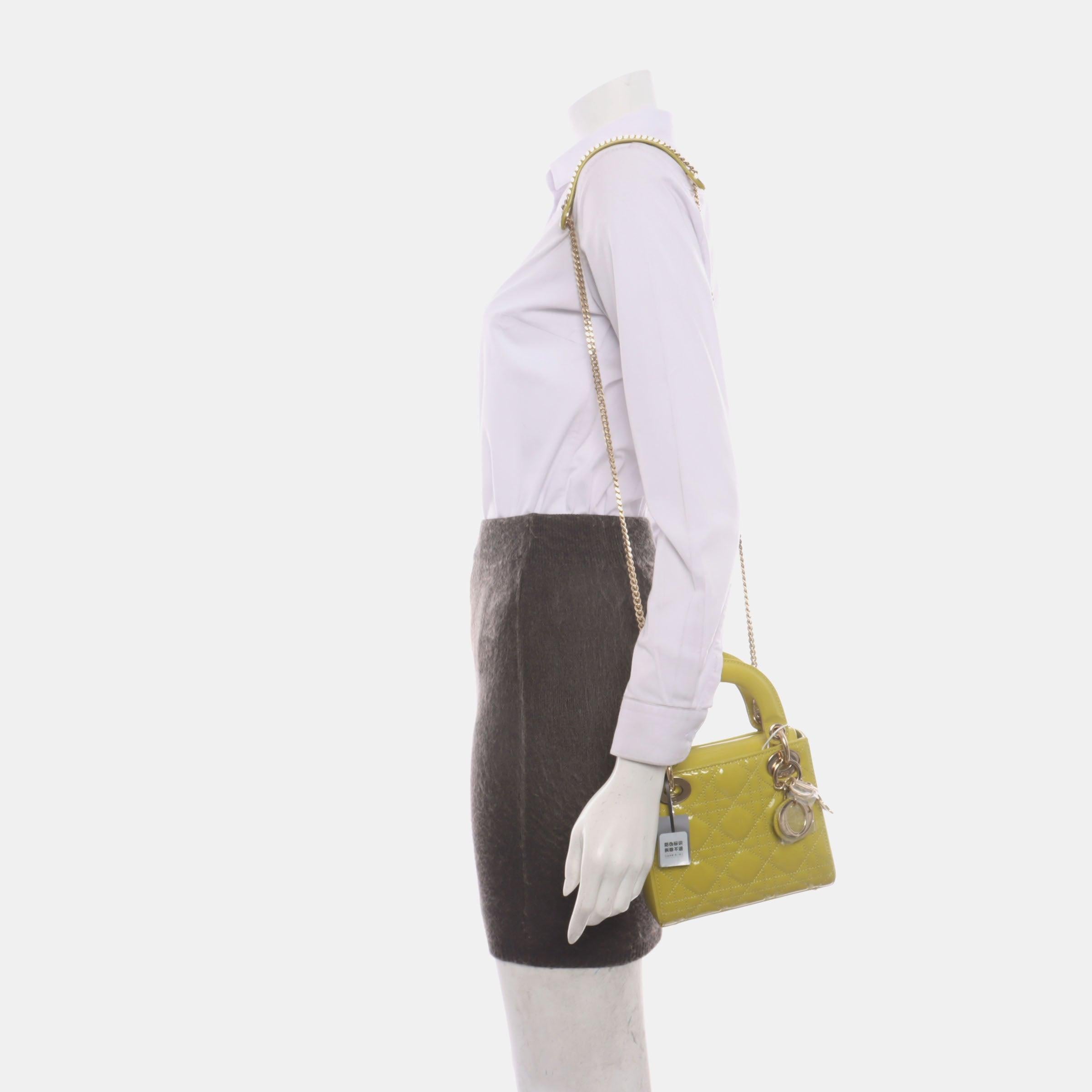 Gray Lady Dior Mini Handbag Yellow Patent Leather Gold-tone Chain Strap