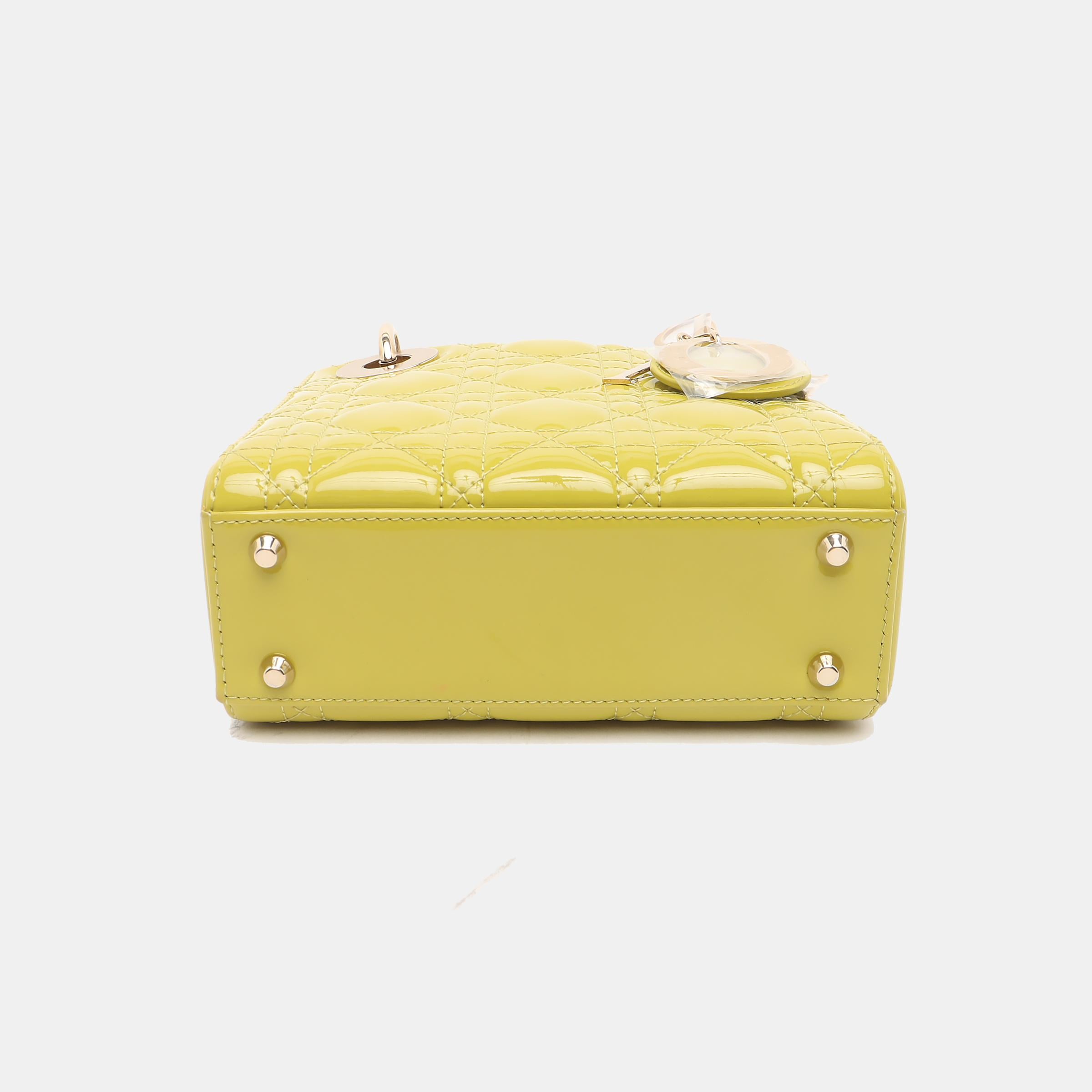 Lady Dior Mini Handbag Yellow Patent Leather Gold-tone Chain Strap In Excellent Condition In AUBERVILLIERS, FR