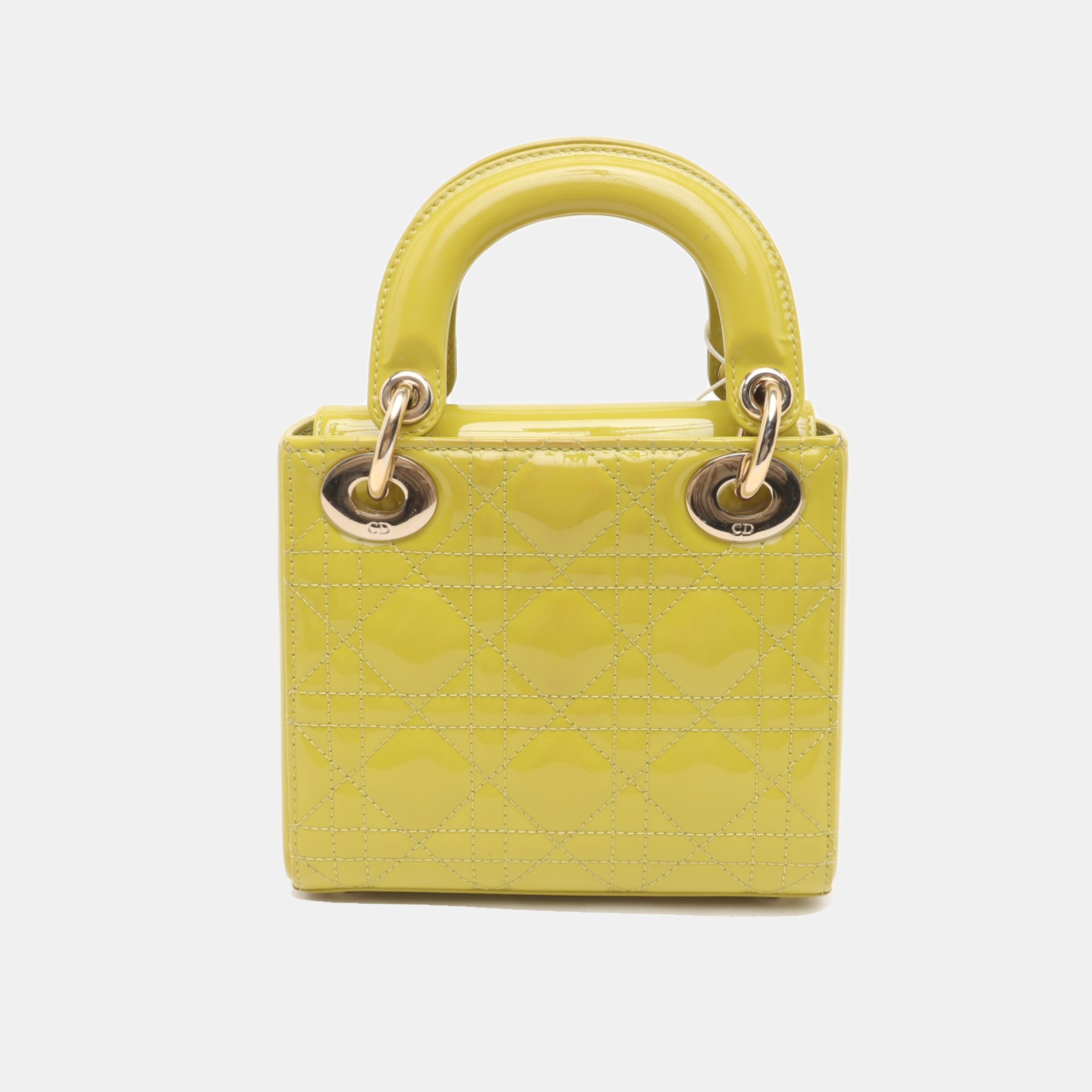 Women's Lady Dior Mini Handbag Yellow Patent Leather Gold-tone Chain Strap