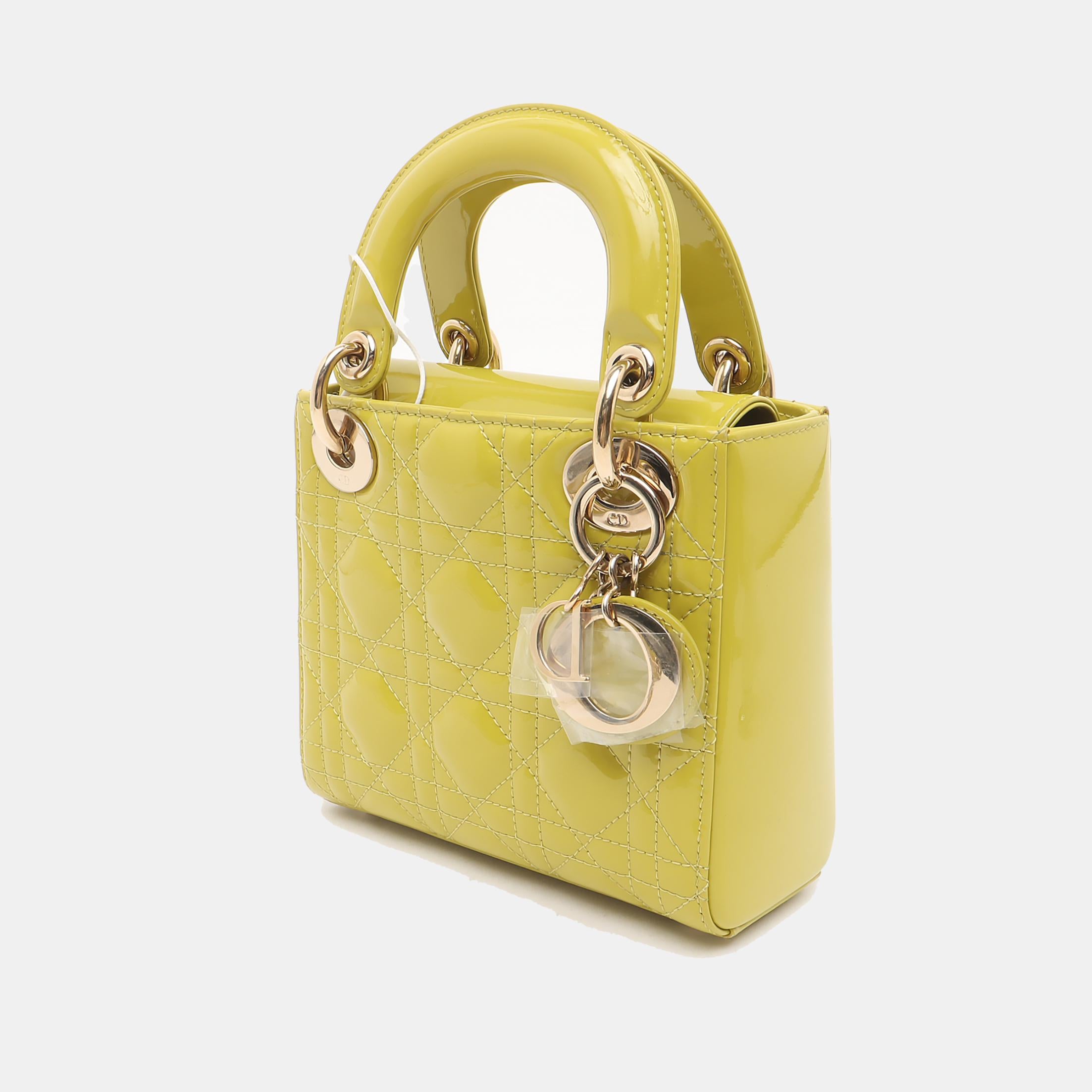 Lady Dior Mini Handbag Yellow Patent Leather Gold-tone Chain Strap 1