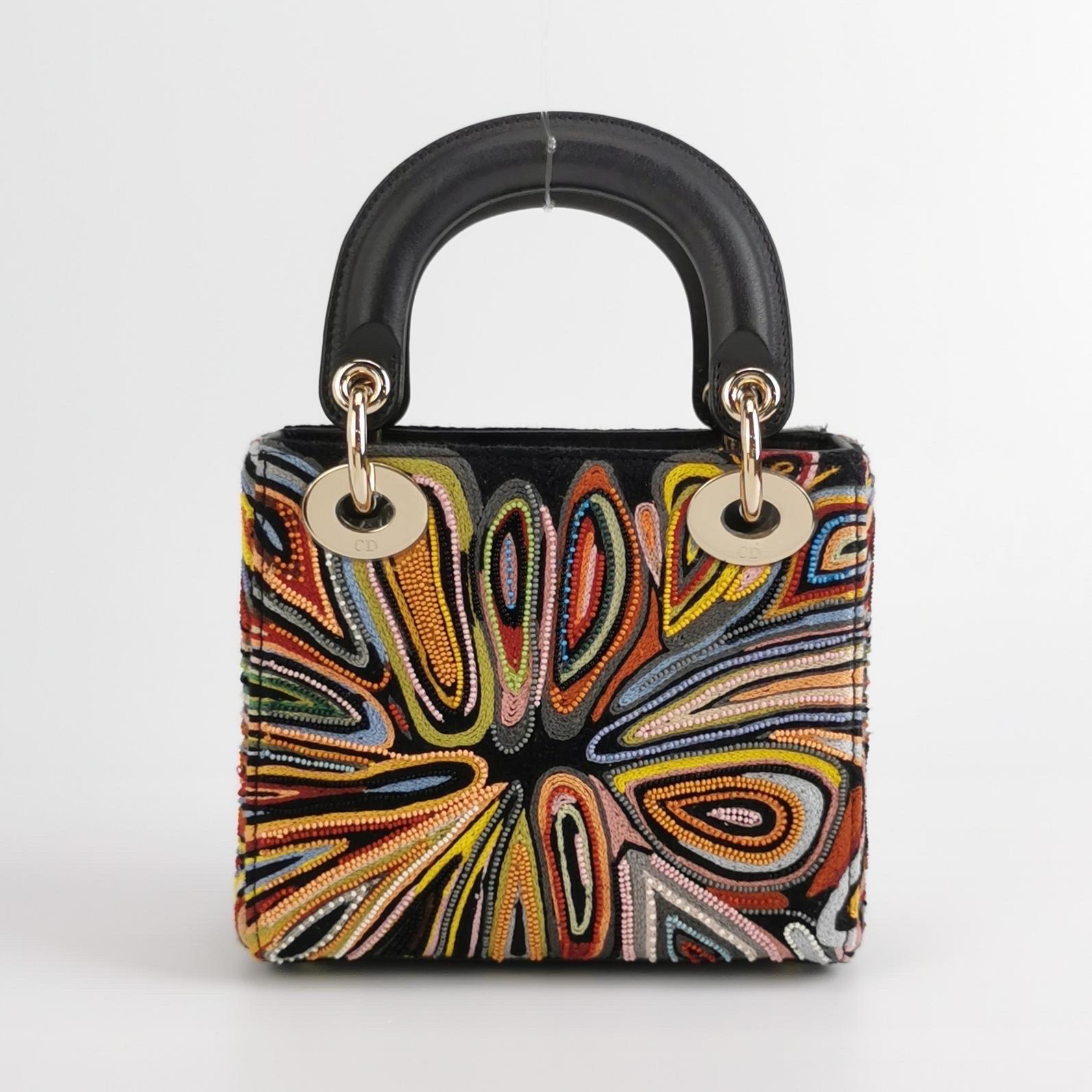 Lady Dior Mini Edition Limitée Sac à main en cuir noir multicolore avec perles 2018 Excellent état - En vente à AUBERVILLIERS, FR