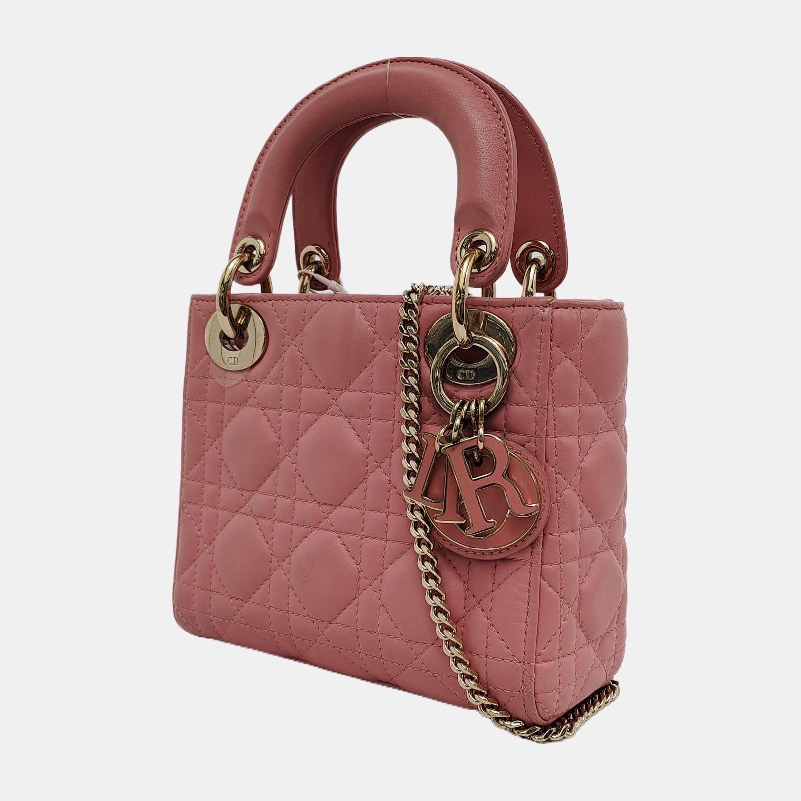 Brown Lady Dior Mini Lipstick Pink Lambskin Leather Gold Hardware Chain Strap For Sale