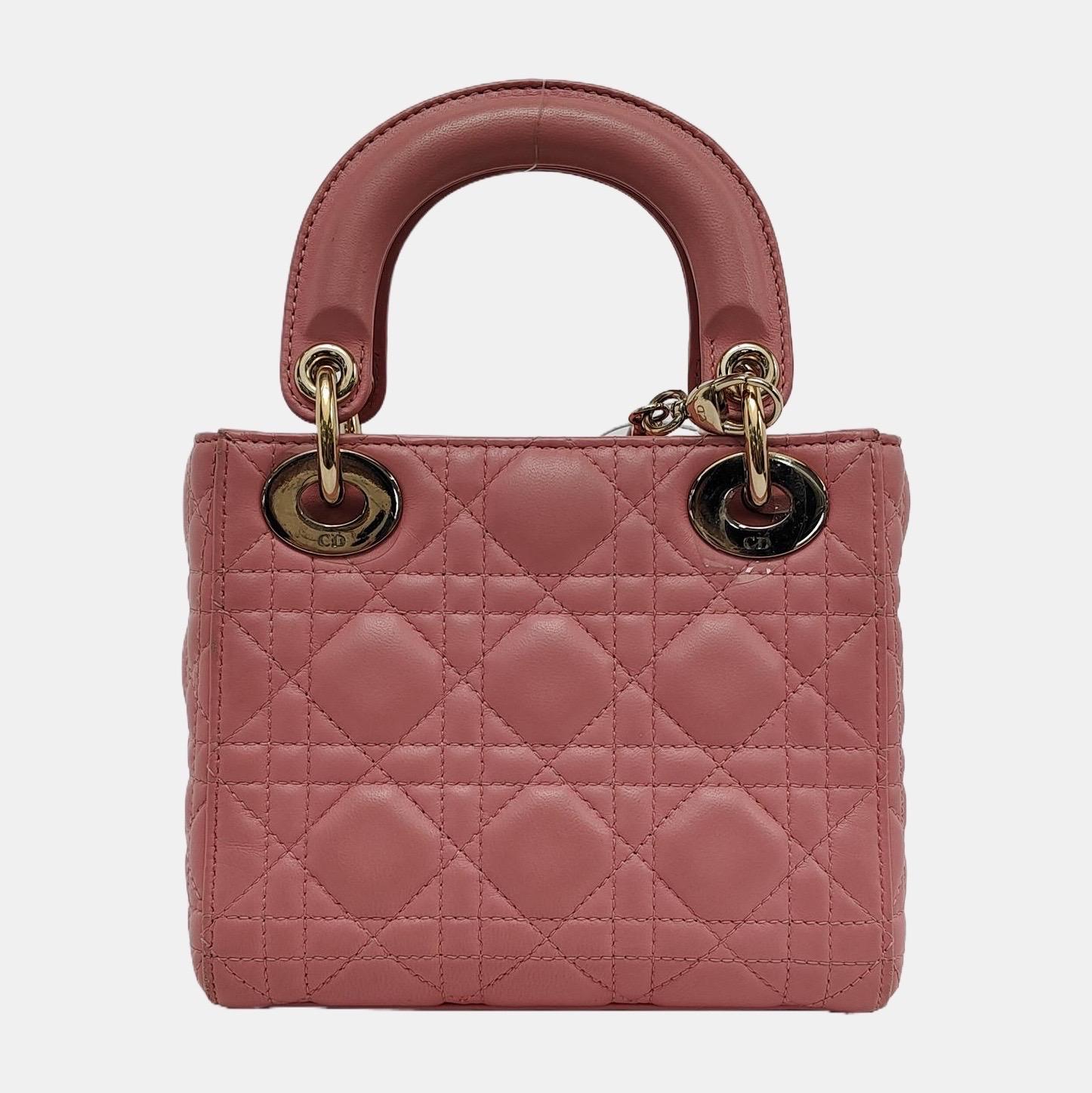 Lady Dior Mini Lipstick Pink Lambskin Leather Gold Hardware Chain Strap In Good Condition For Sale In AUBERVILLIERS, FR