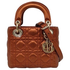 Lady Dior Mini Metallic Brick Red Calfskin Leather Gold Hardware Leather Strap