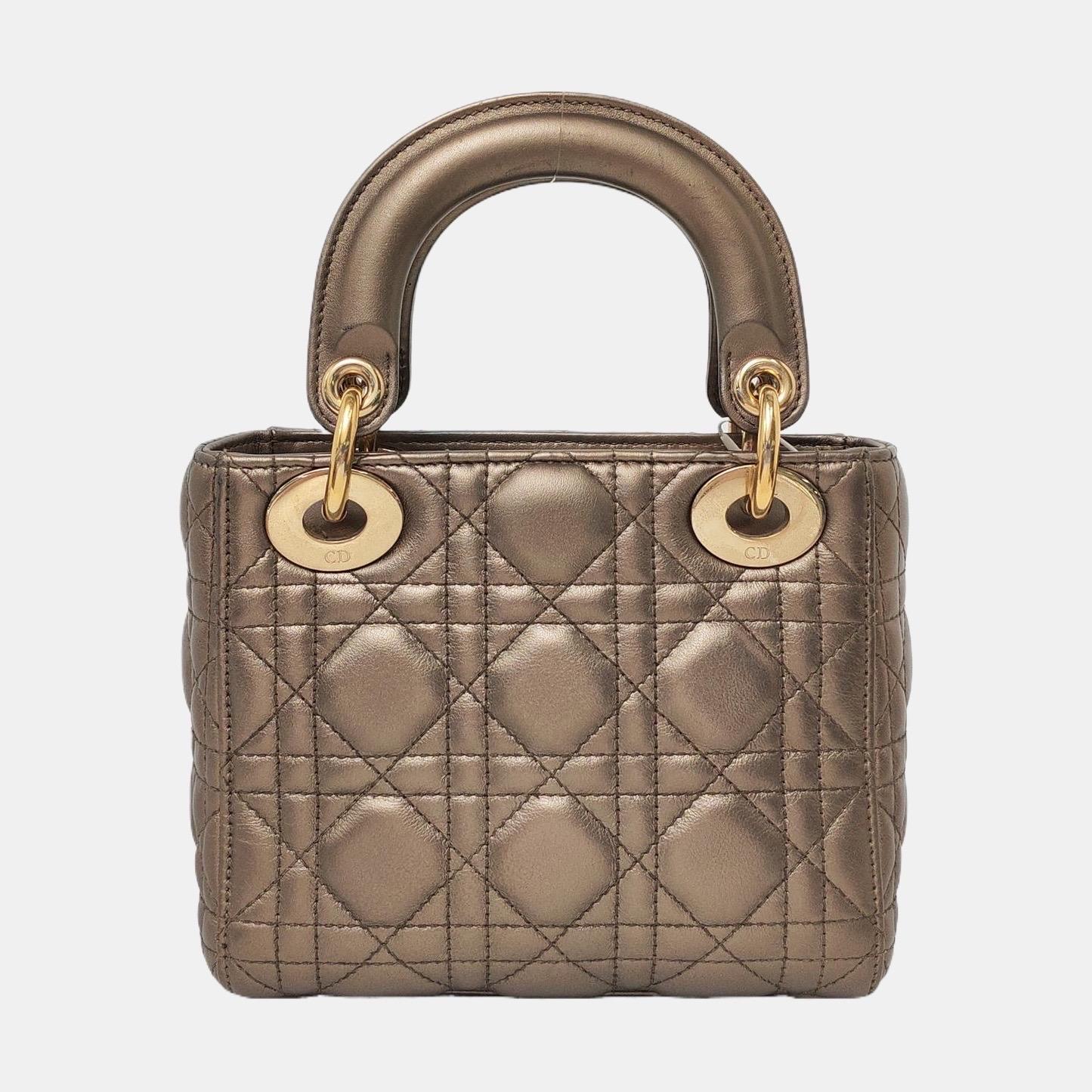 Marron Lady Dior Mini Metal Copper Gold Cannage Lambskin Gold Hardware Chain Strap en vente