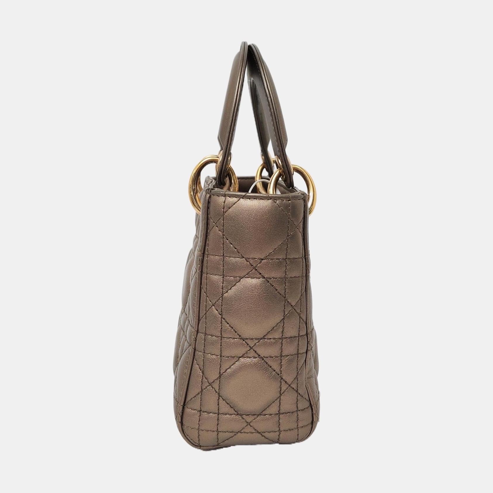 Lady Dior Mini Metal Copper Gold Cannage Lambskin Gold Hardware Chain Strap Bon état - En vente à AUBERVILLIERS, FR
