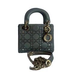 Lady Dior Mini Metallic Grey Calfskin Leather Beads and Mirrors Gold Hardware