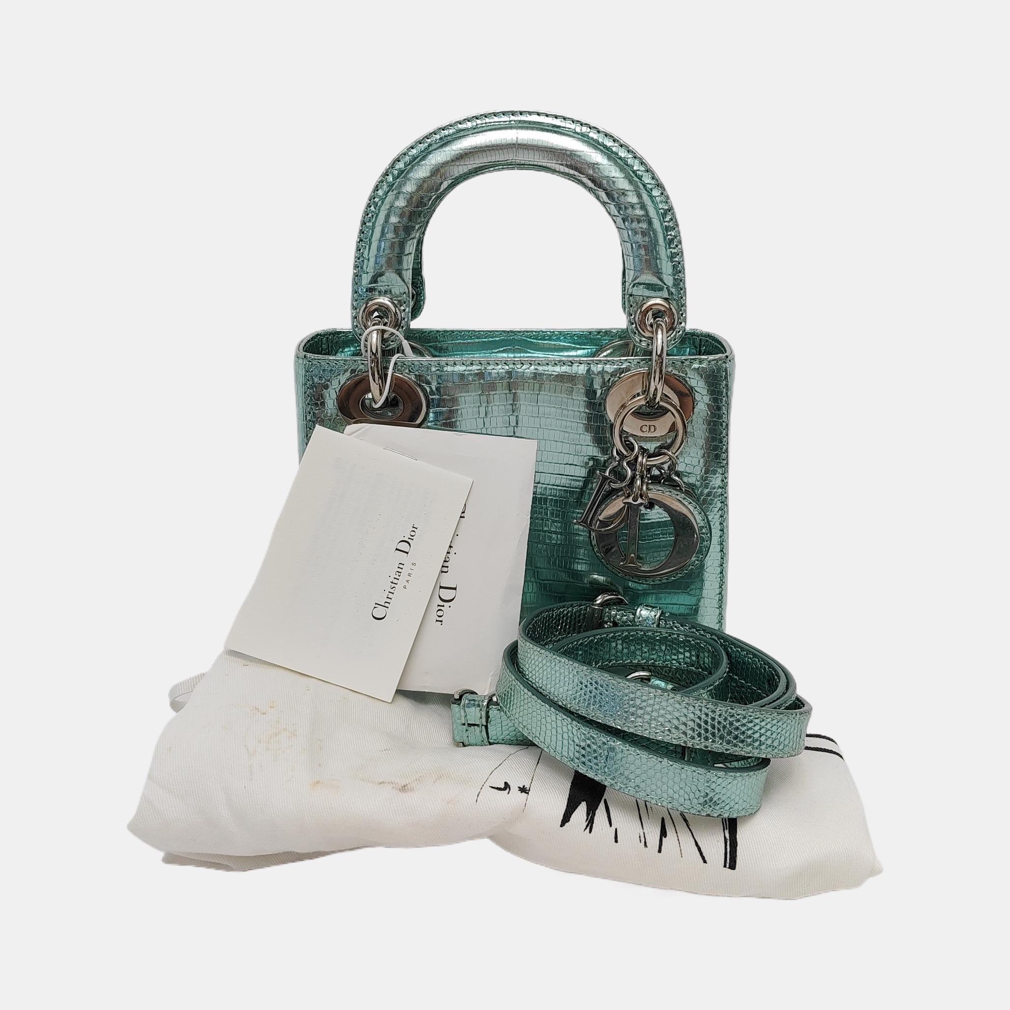 Lady Dior Mini Metallic Light Blue Leather Silver Hardware Chain Str For Sale 10