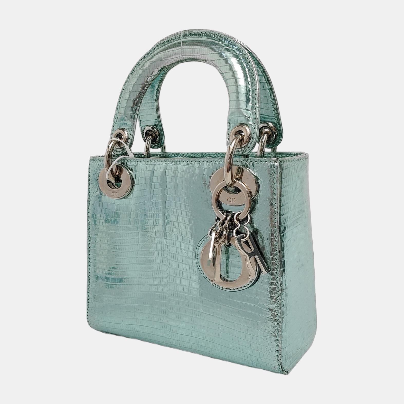Gray Lady Dior Mini Metallic Light Blue Leather Silver Hardware Chain Str For Sale