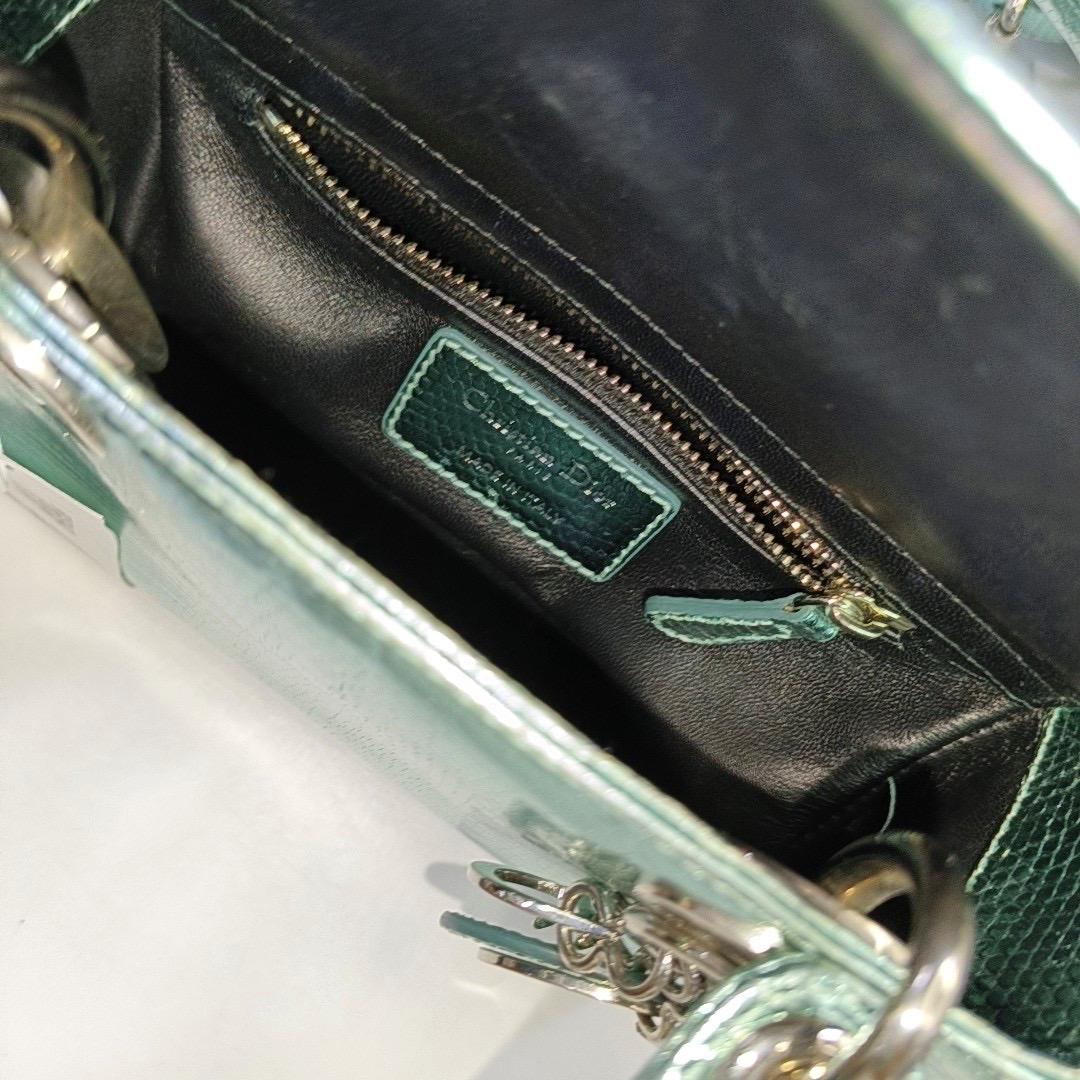 Lady Dior Mini Metallic Light Blue Leather Silver Hardware Chain Str In Good Condition For Sale In AUBERVILLIERS, FR