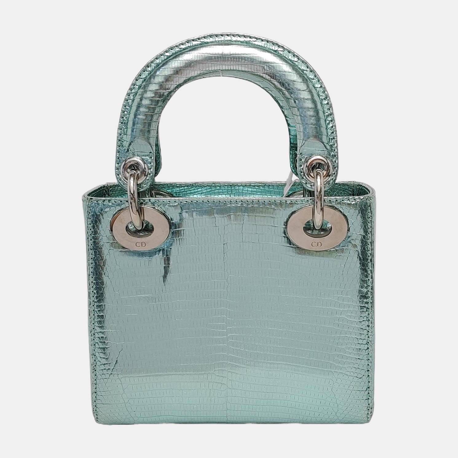 Lady Dior Mini Metallic Light Blue Leather Silver Hardware Chain Str For Sale 1