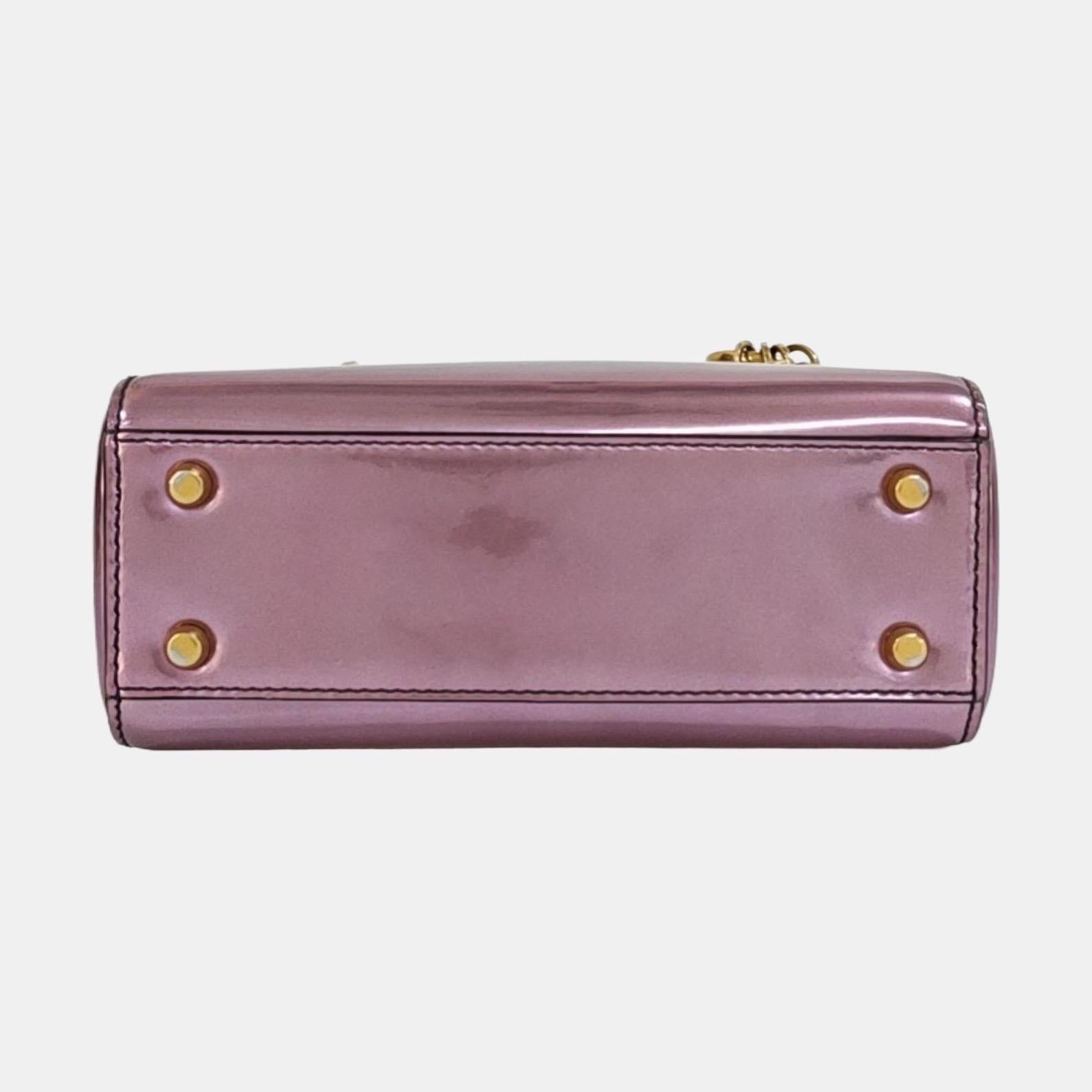 Lady Dior Mini Metallic Pink Cuir verni Gold Hardware Intérieur en daim 2018 en vente 12