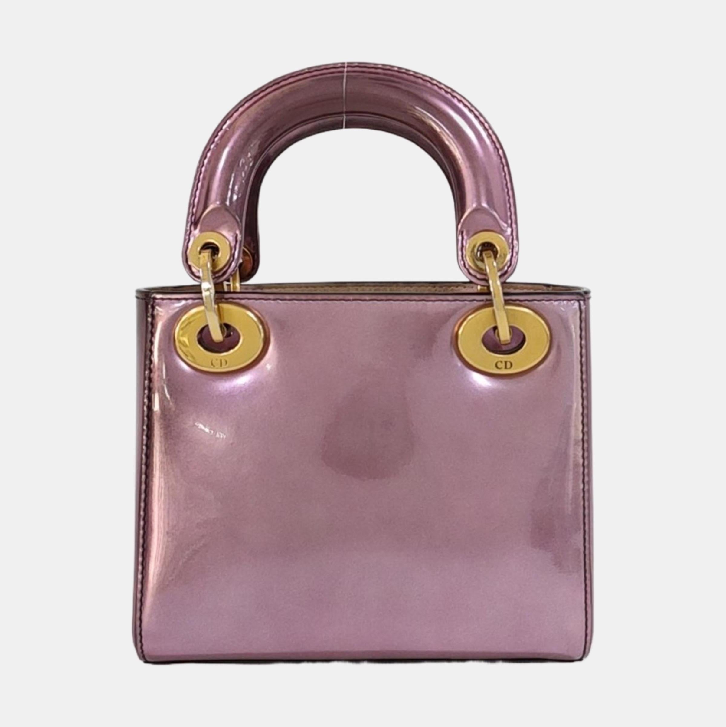 Lady Dior Mini Metallic Pink Cuir verni Gold Hardware Intérieur en daim 2018 en vente 14