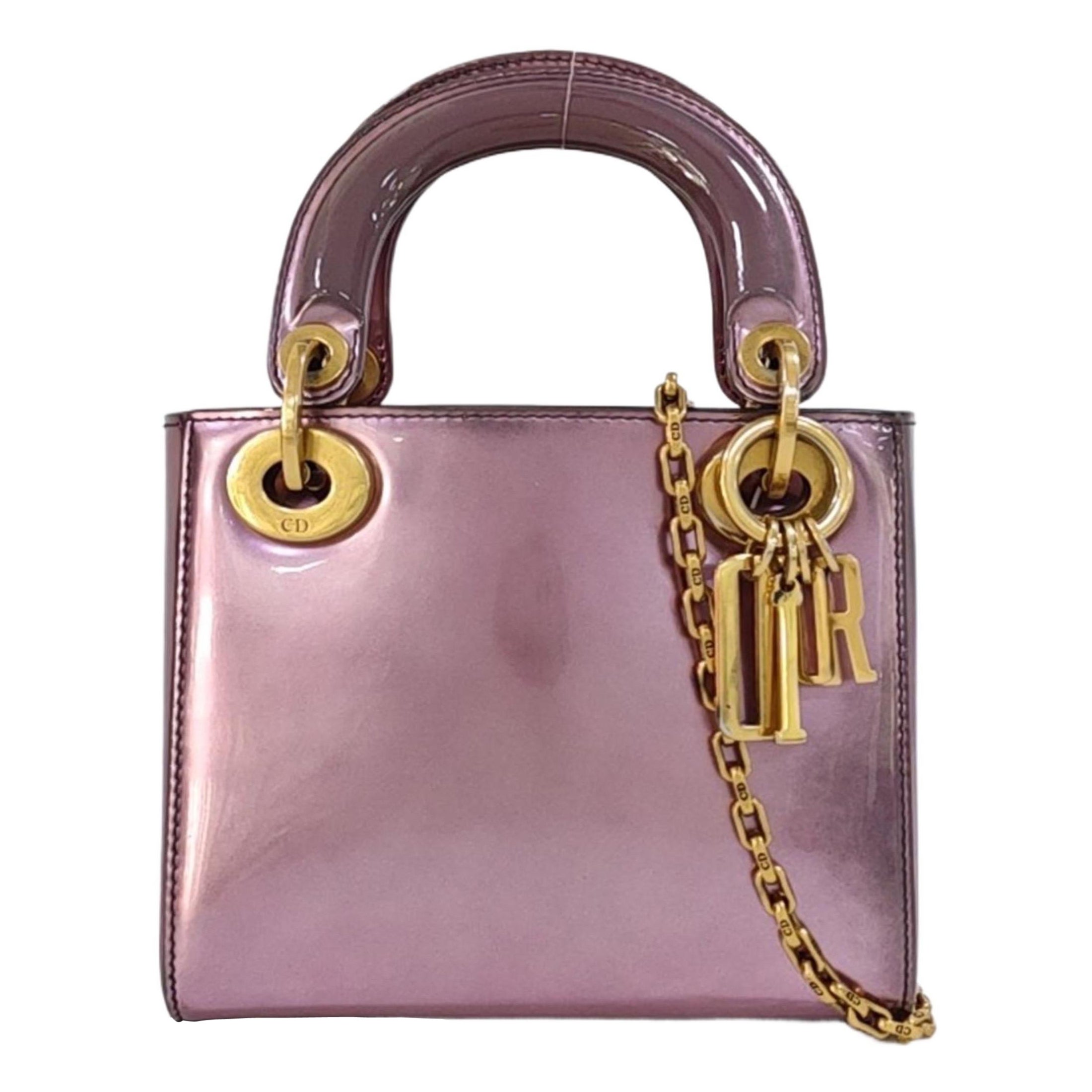 Lady Dior Mini Metallic Pink Cuir verni Gold Hardware Intérieur en daim 2018