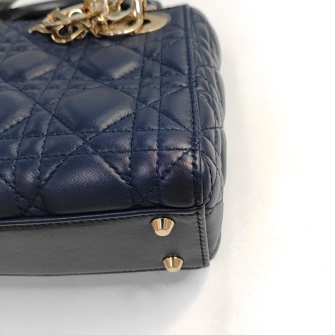 Lady Dior Mini Navy Lambskin Leather Gold Hardware Chain Strap For Sale 8