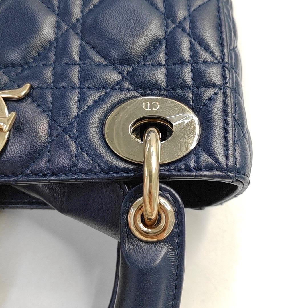 Lady Dior Mini Navy Lambskin Leather Gold Hardware Chain Strap For Sale 10