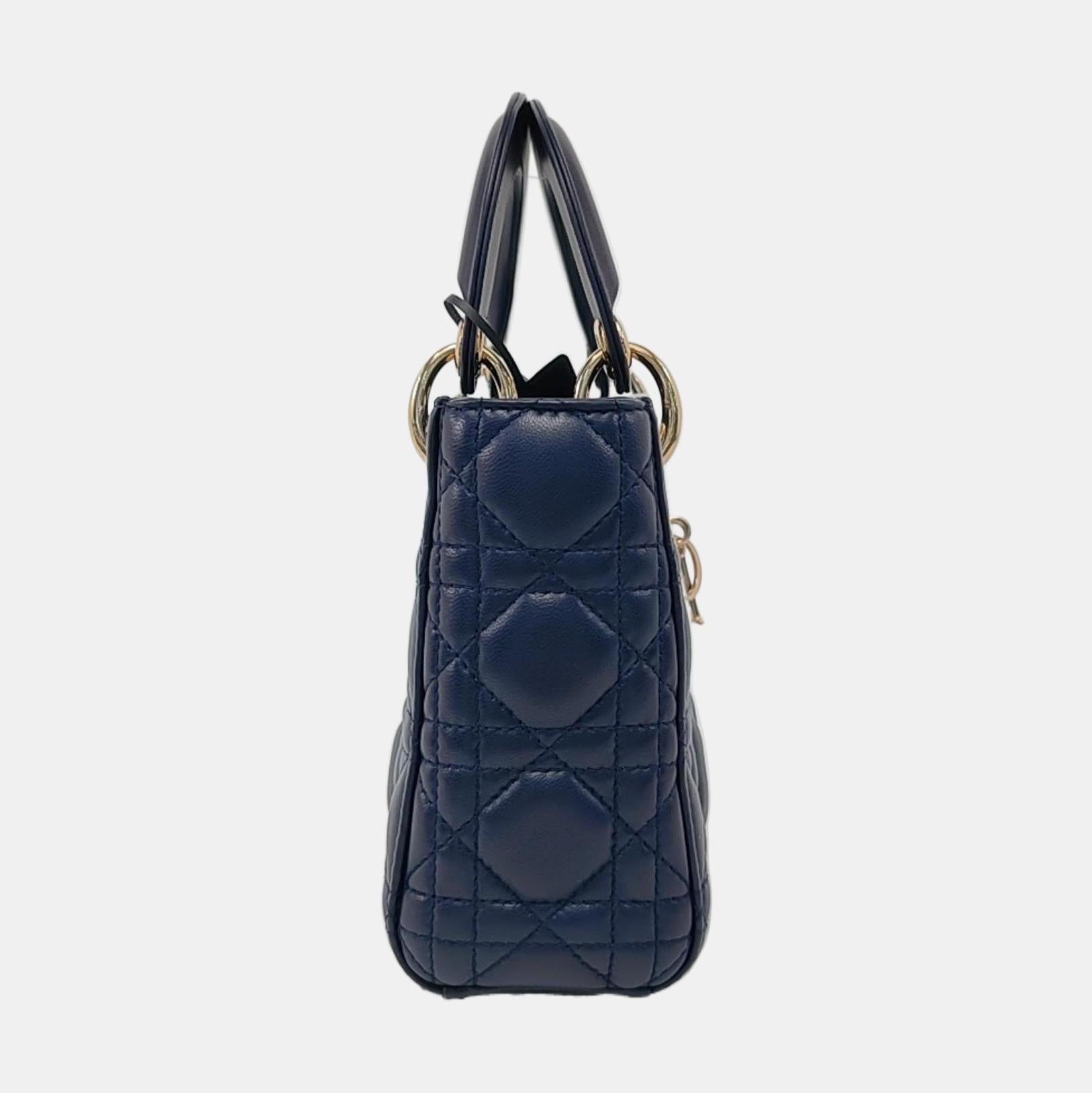 Black Lady Dior Mini Navy Lambskin Leather Gold Hardware Chain Strap For Sale
