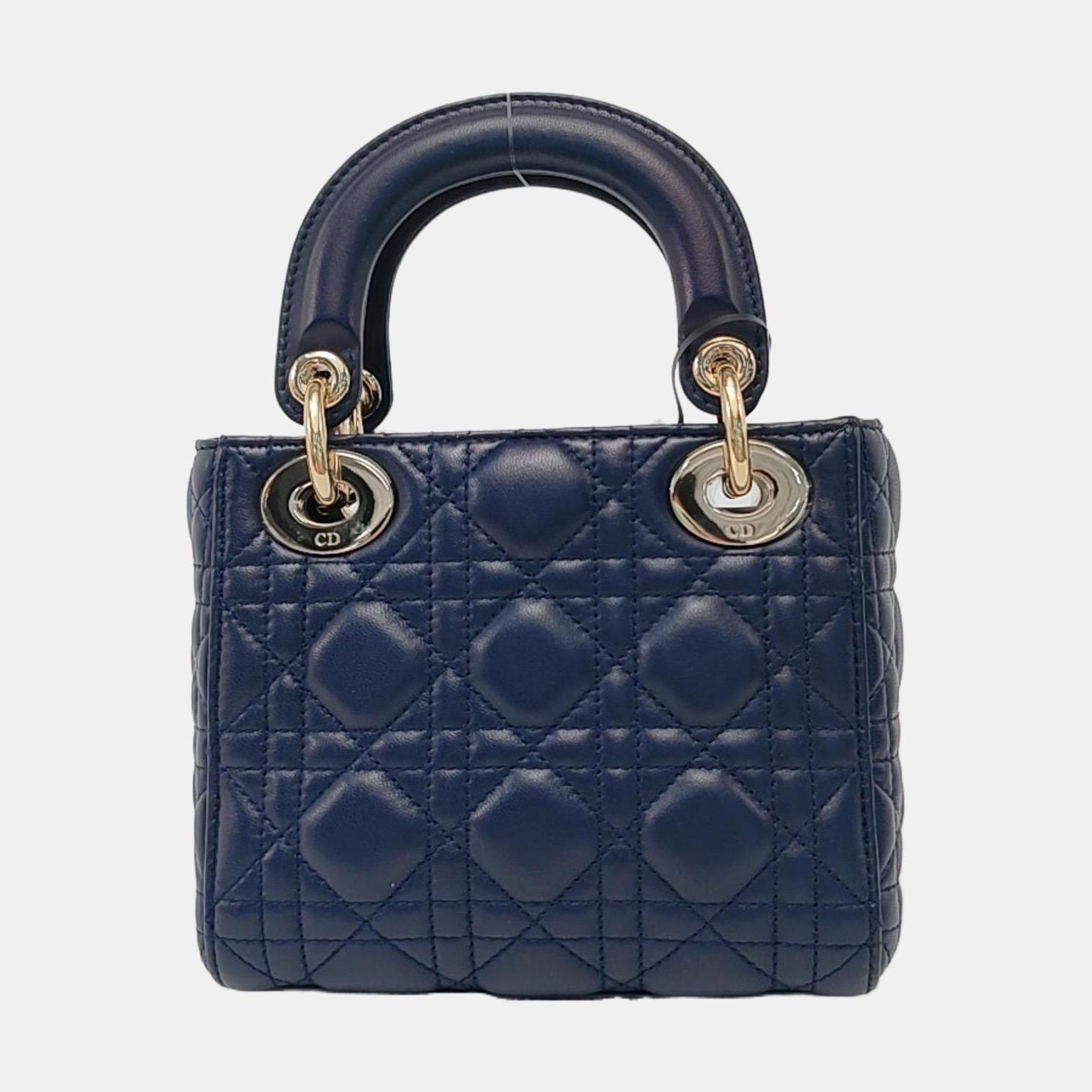 Women's Lady Dior Mini Navy Lambskin Leather Gold Hardware Chain Strap For Sale
