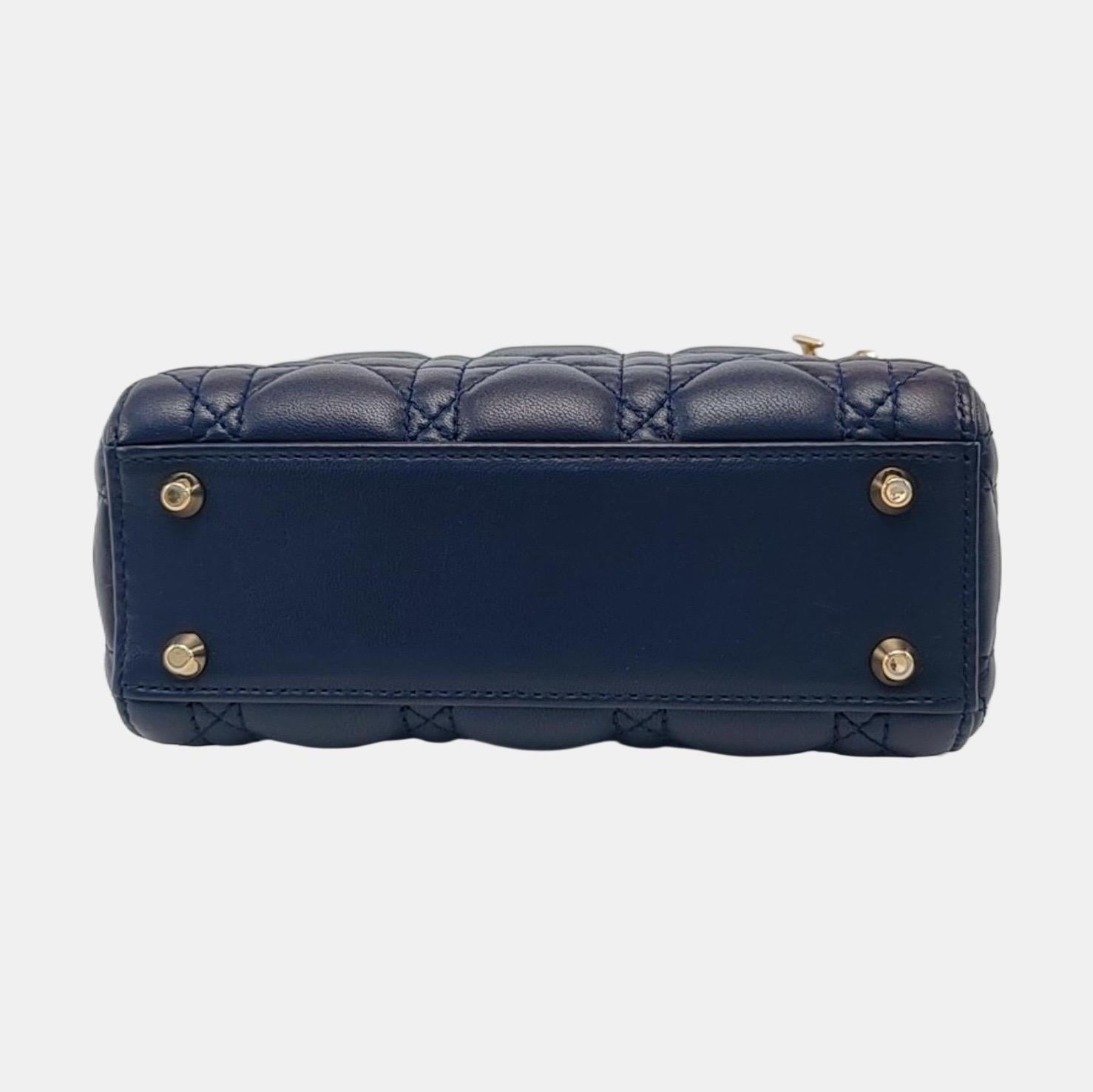 Lady Dior Mini Navy Lambskin Leather Gold Hardware Chain Strap For Sale 3