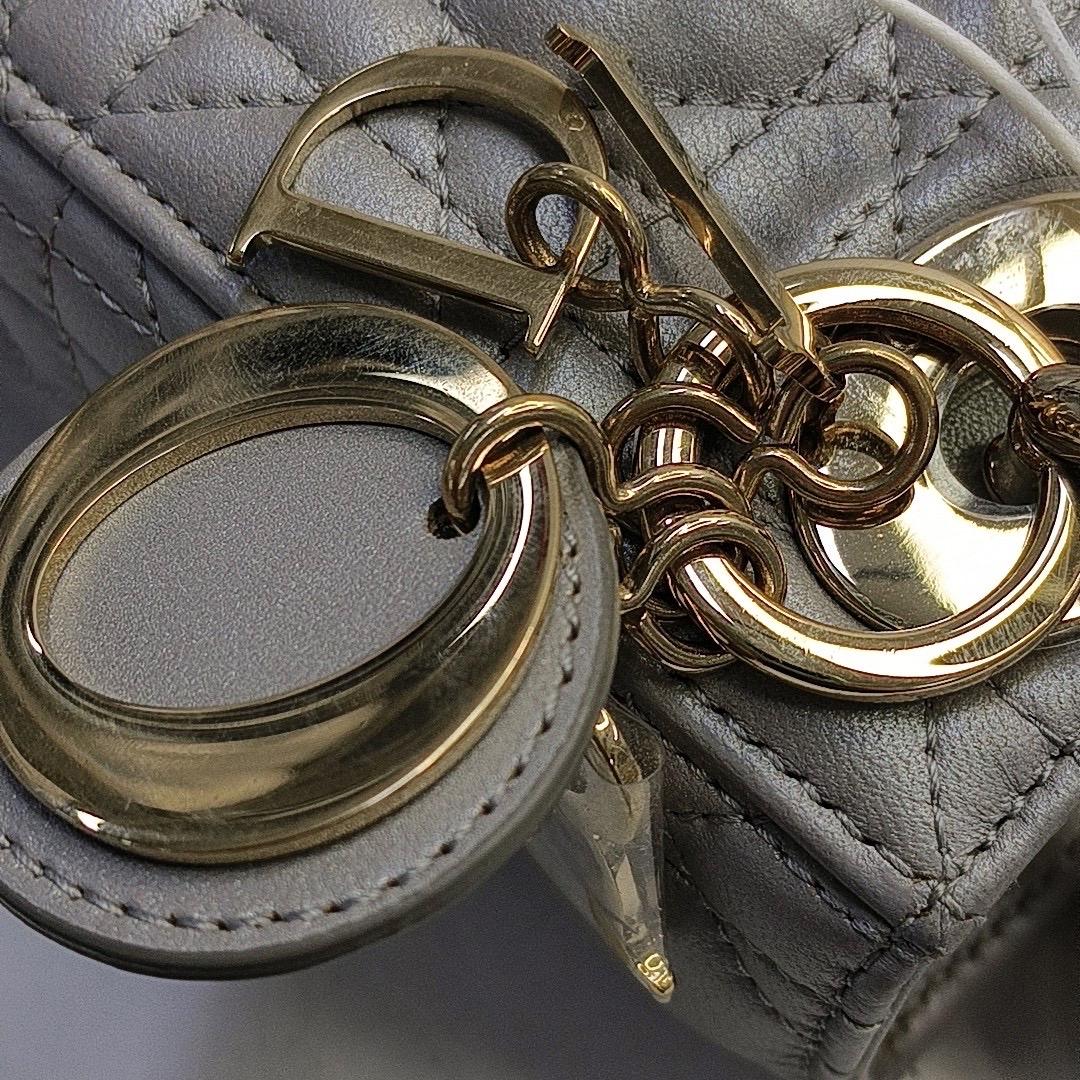 Lady Dior Mini Pearlescent Grey Lambskin Leather Gold Hardware Chain Strap For Sale 5