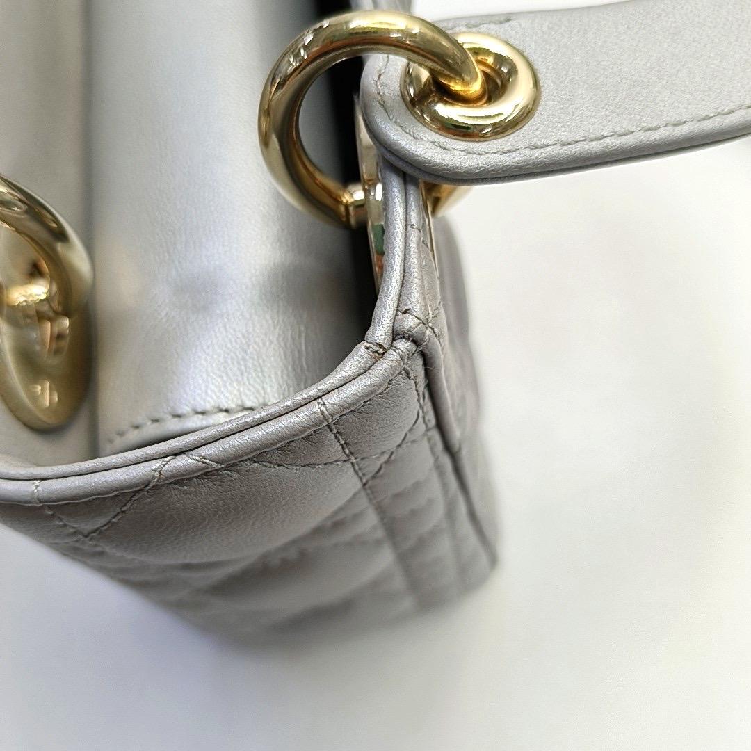 Lady Dior Mini Pearlescent Grey Lambskin Leather Gold Hardware Chain Strap For Sale 8