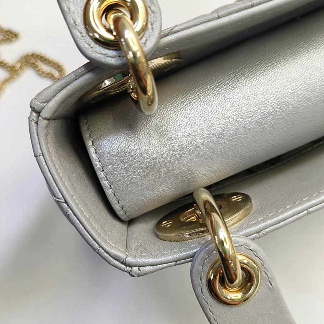 Lady Dior Mini Pearlescent Grey Lambskin Leather Gold Hardware Chain Strap For Sale 9