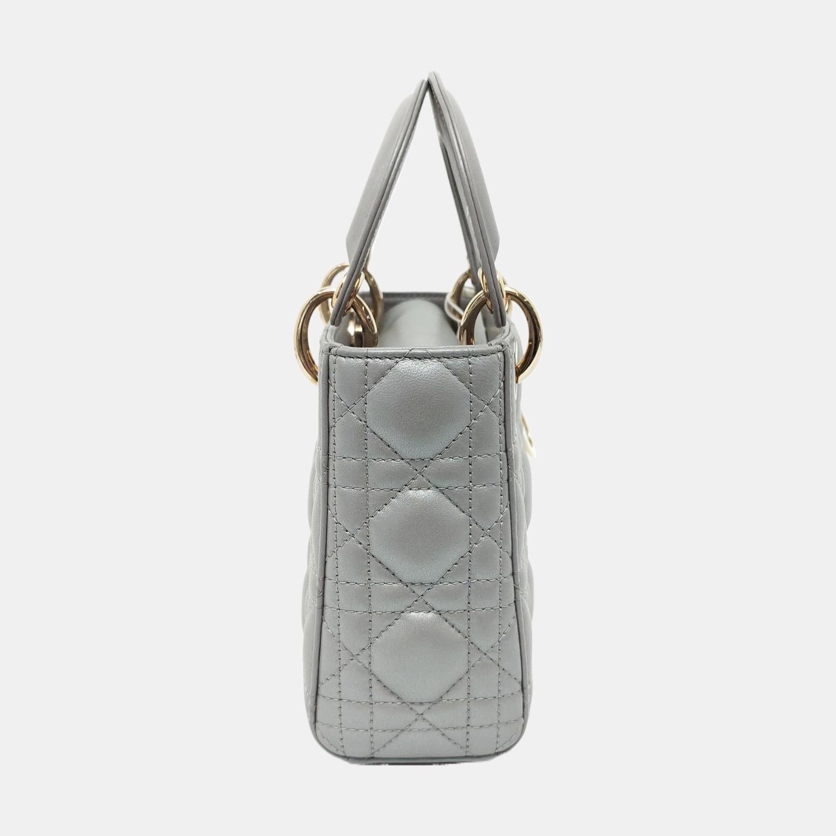 Gray Lady Dior Mini Pearlescent Grey Lambskin Leather Gold Hardware Chain Strap For Sale