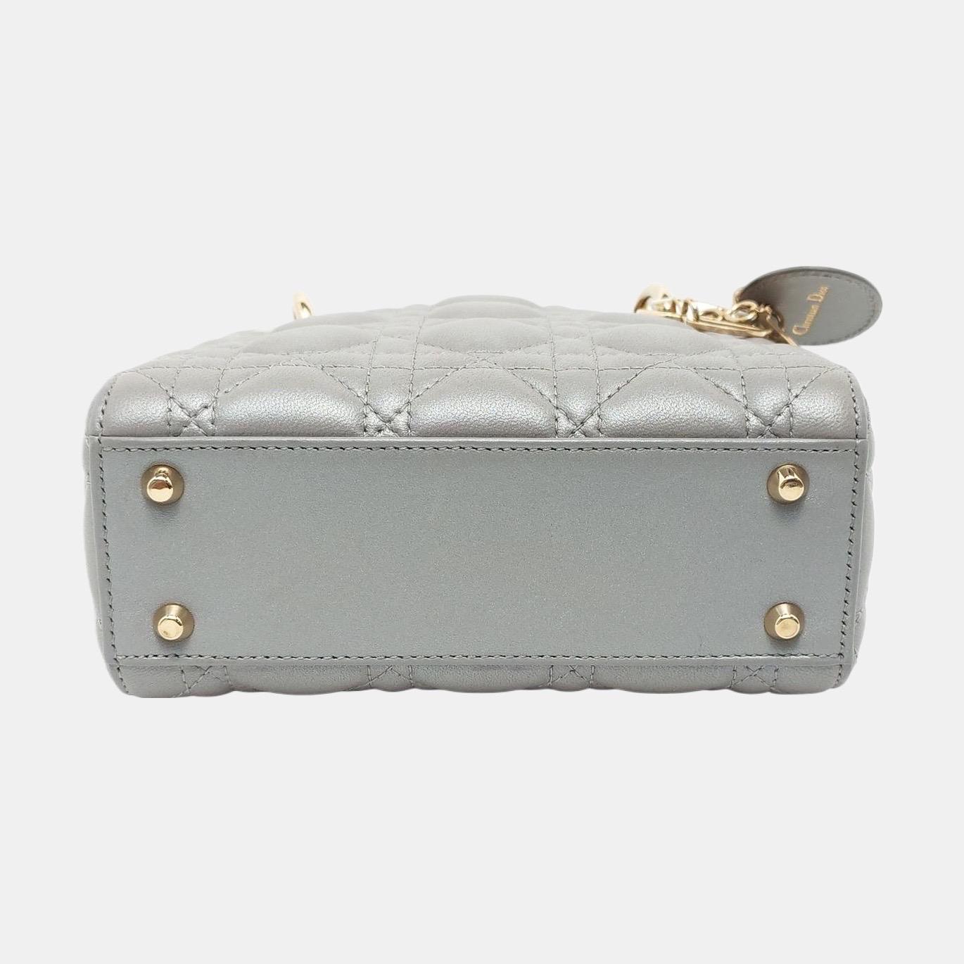 Women's Lady Dior Mini Pearlescent Grey Lambskin Leather Gold Hardware Chain Strap For Sale
