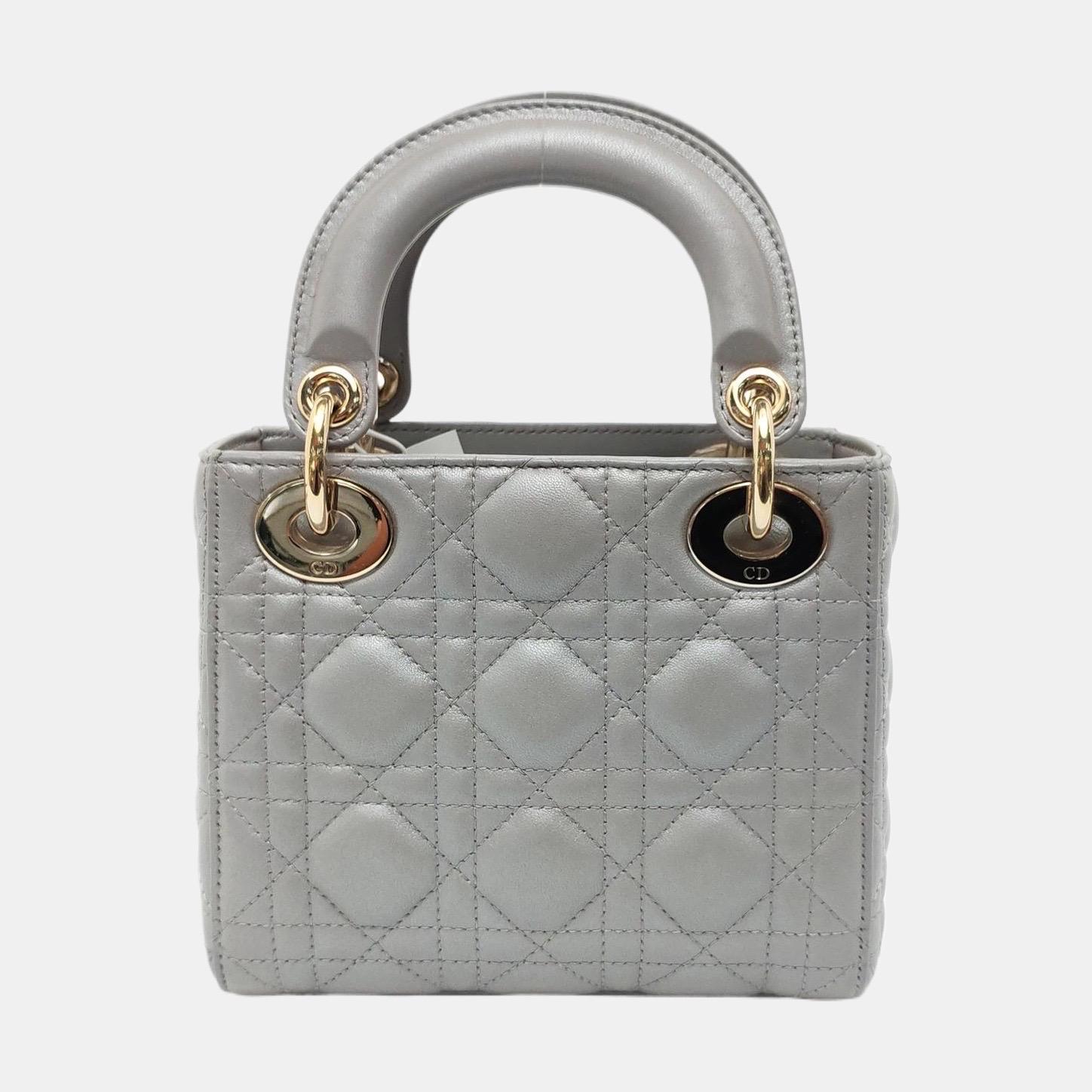 Lady Dior Mini Pearlescent Grey Lambskin Leather Gold Hardware Chain Strap For Sale 1