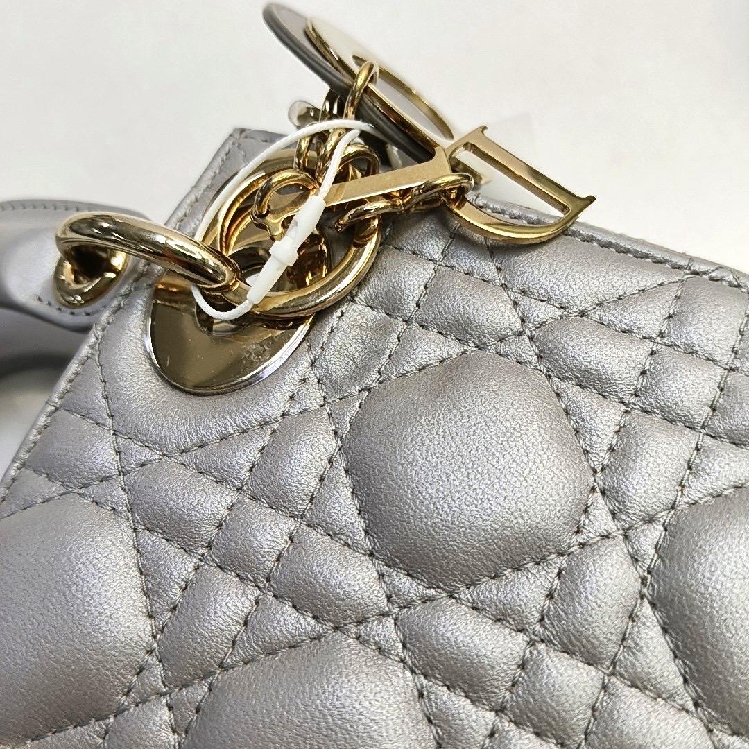 Lady Dior Mini Pearlescent Grey Lambskin Leather Gold Hardware Chain Strap For Sale 2