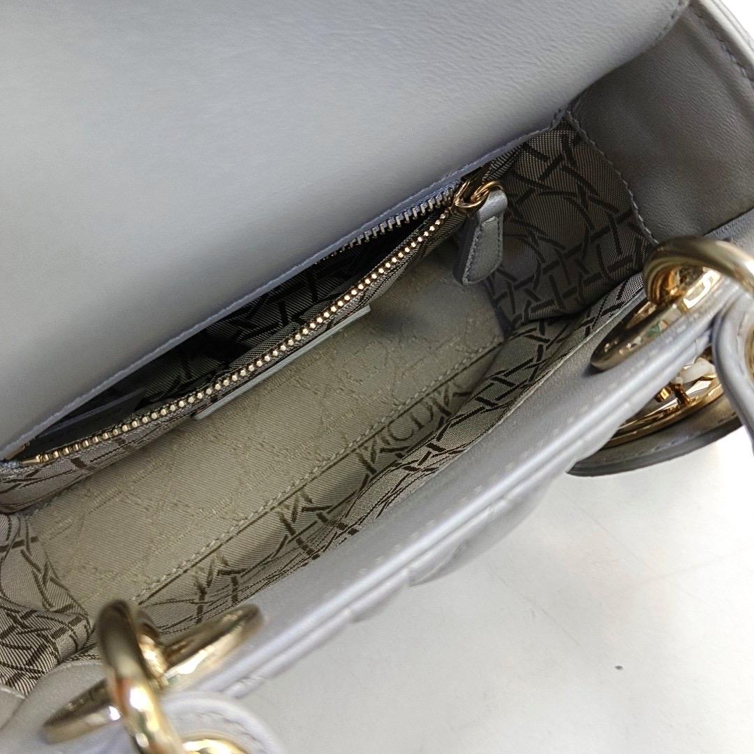 Lady Dior Mini Pearlescent Grey Lambskin Leather Gold Hardware Chain Strap For Sale 3