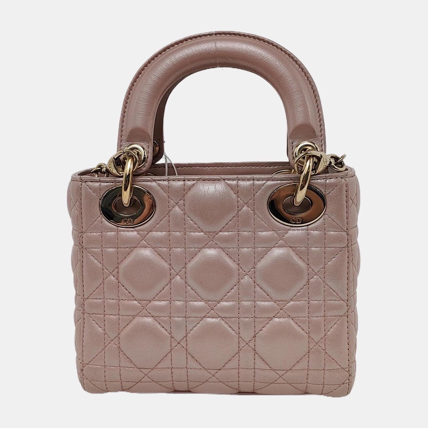 Brown Lady Dior Mini Pearlescent Pink Lambskin Leather Gold HW Chain Strap For Sale