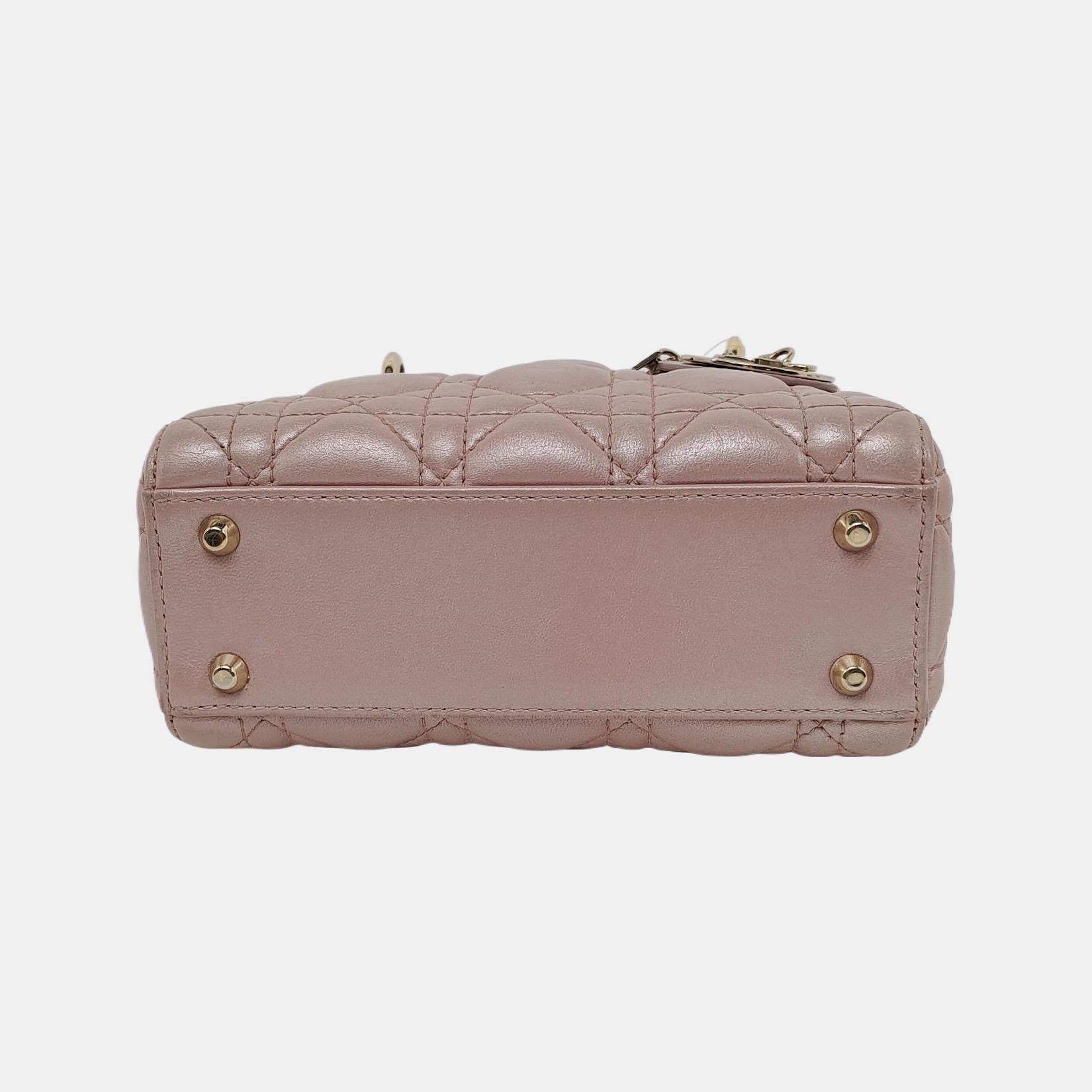 Lady Dior Mini Pearlescent Pink Lambskin Leather Gold HW Chain Strap For Sale 2