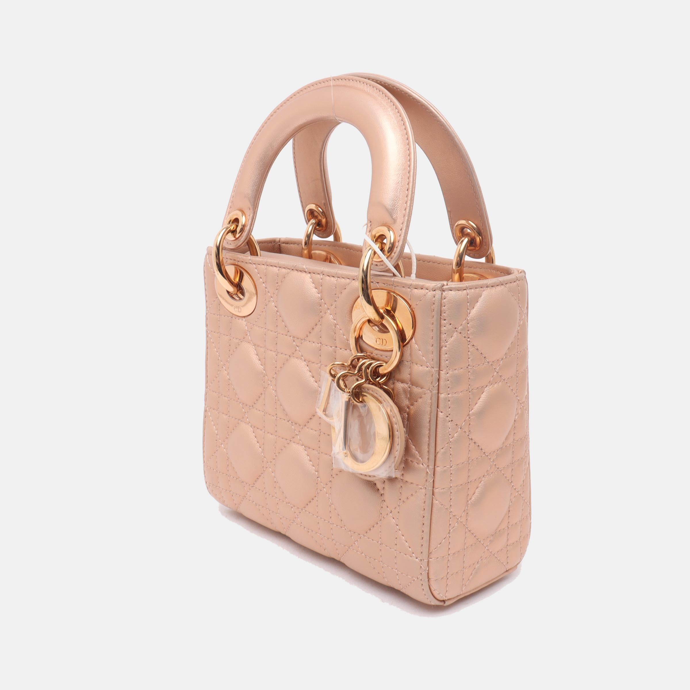 Beige Lady Dior Mini Pink Irediscent and Metallic Cannage Lambskin Handbag