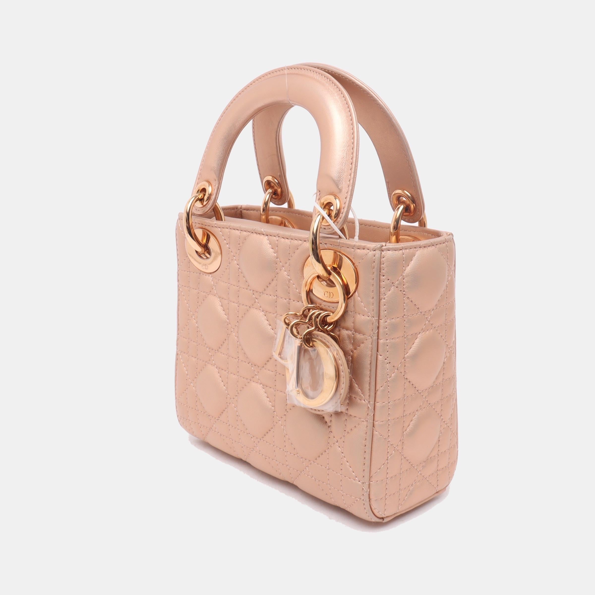 Beige Lady Dior Mini Pink Irediscent and Metallic Cannage Lambskin Handbag For Sale