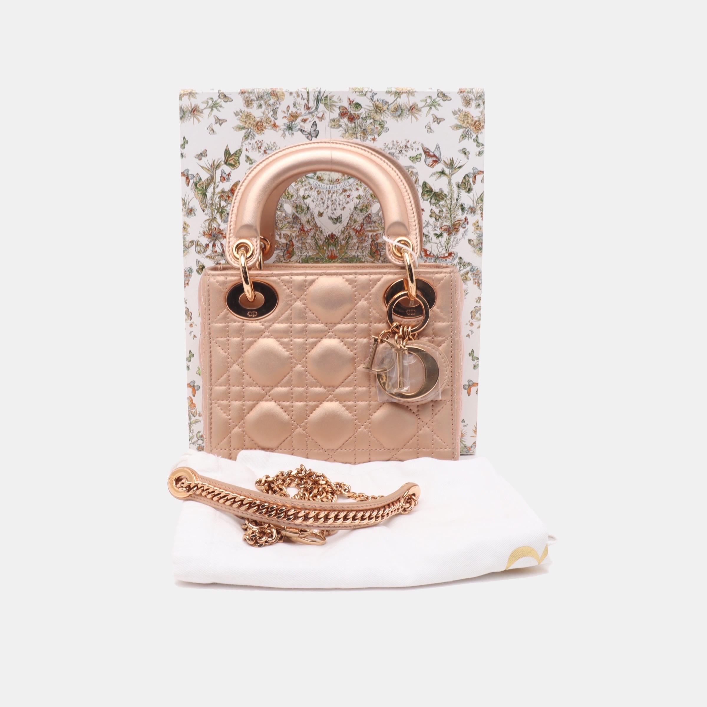 Lady Dior Mini Pink Irediscent and Metallic Cannage Lambskin Handbag For Sale 1