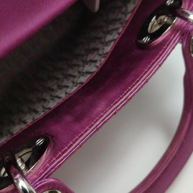 Lady Dior Mini Pink Silk with Silver Hardware For Sale 5