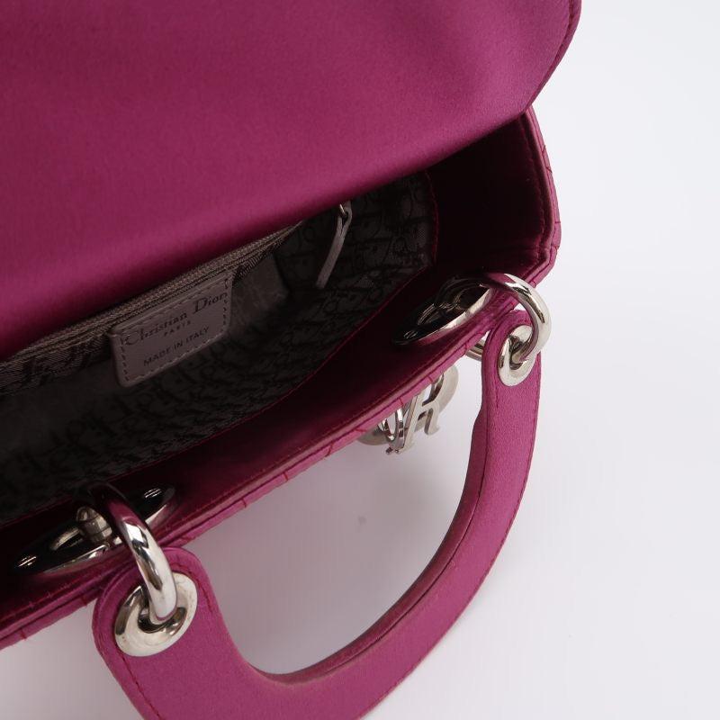 Lady Dior Mini Pink Silk with Silver Hardware In Good Condition For Sale In AUBERVILLIERS, FR