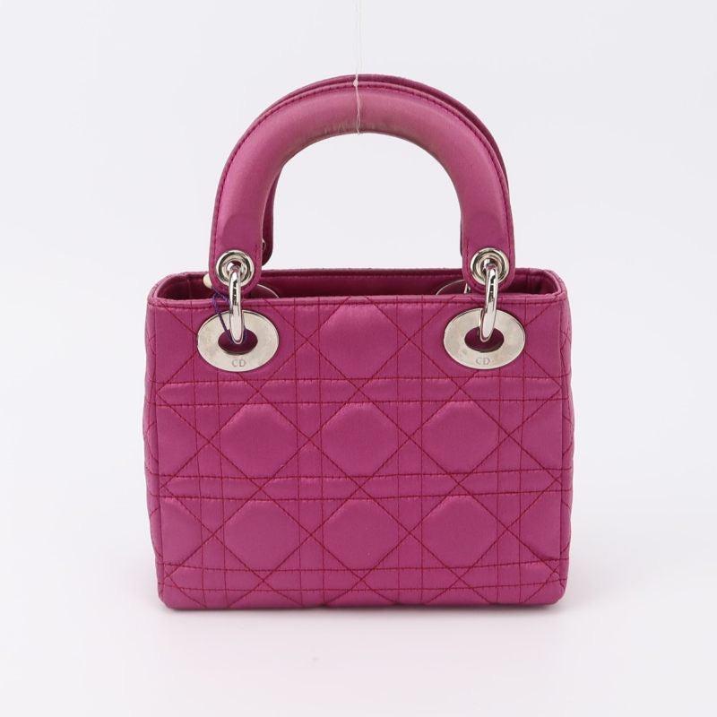 Lady Dior Mini Pink Silk with Silver Hardware For Sale 1