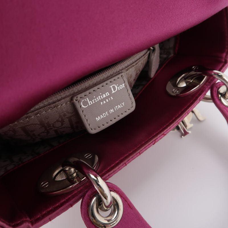 Lady Dior Mini Pink Silk with Silver Hardware For Sale 2