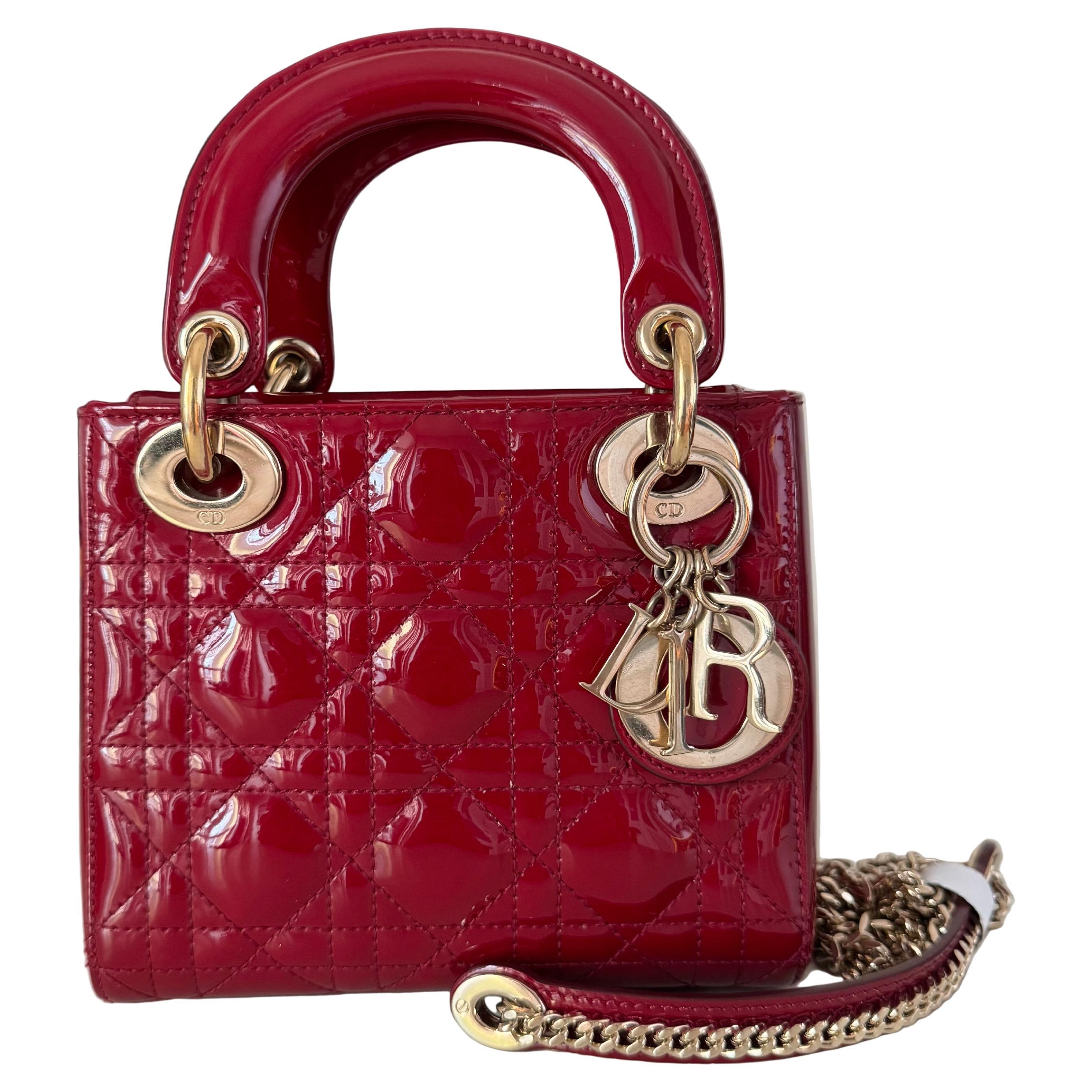 Lady Dior Mini Red Burgundy Patent Leather Gold HW Suede Interior Chain Strap