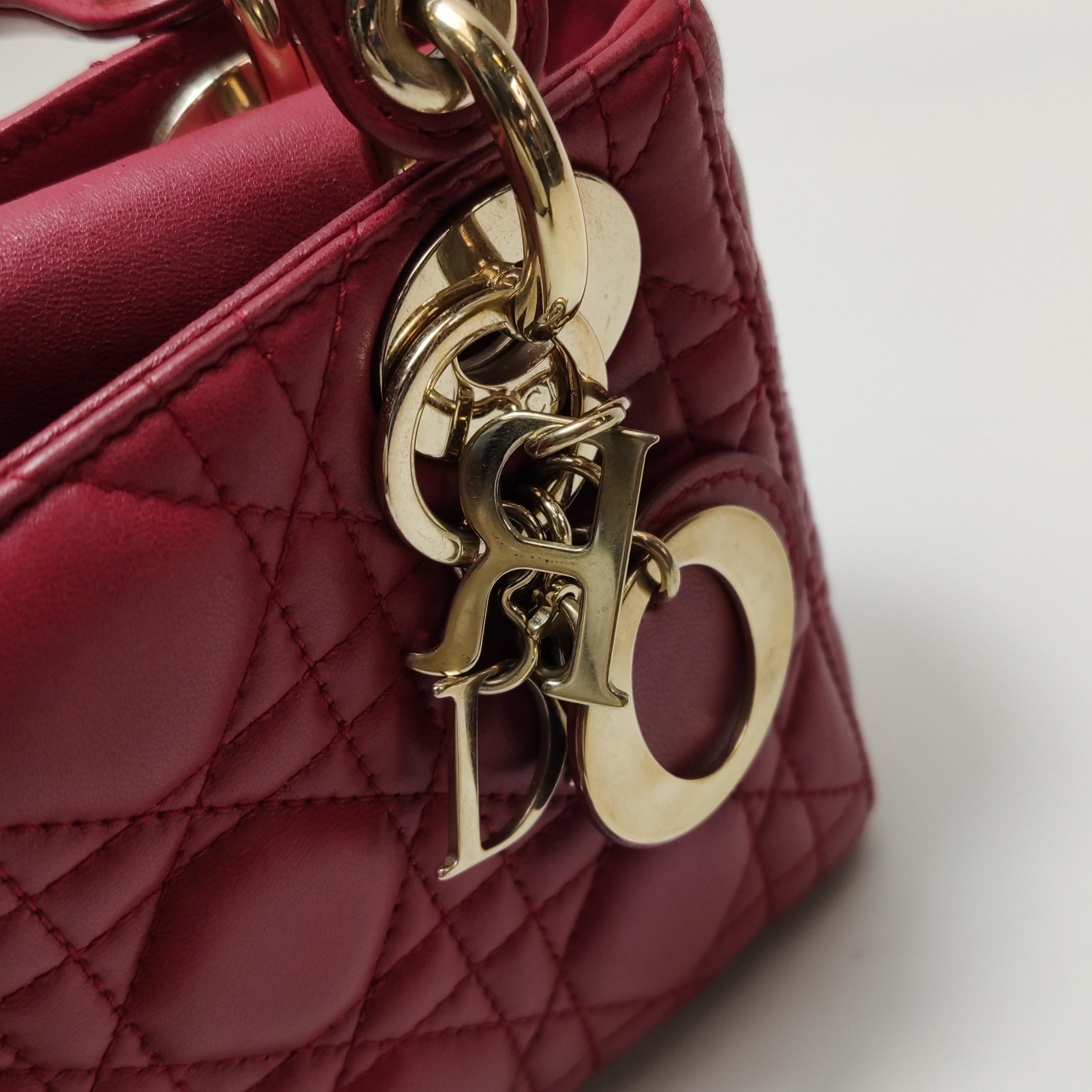 Lady Dior Mini Red Lambskin Leather Gold HW Chain Strap For Sale 7