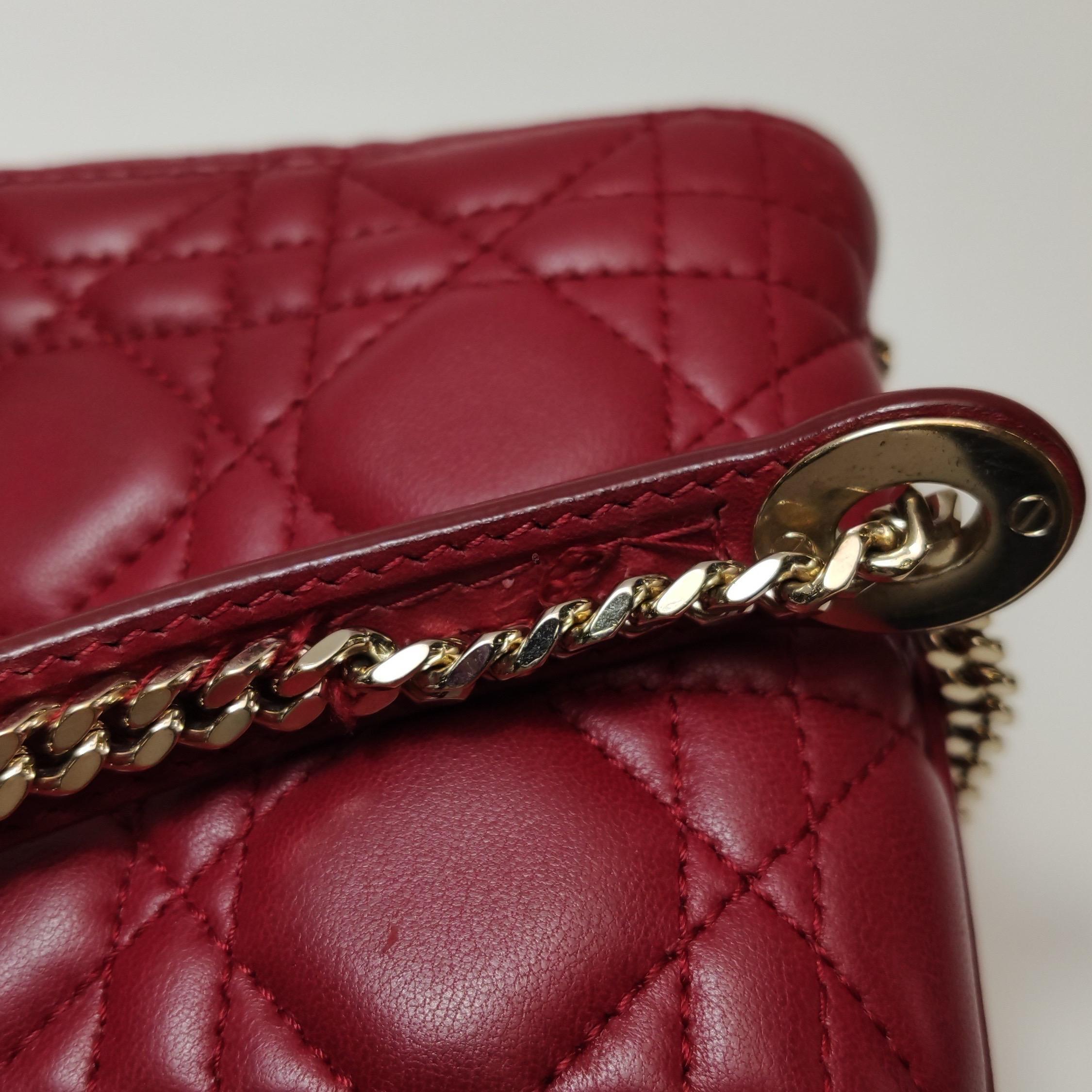 Lady Dior Mini Red Lambskin Leather Gold HW Chain Strap For Sale 9