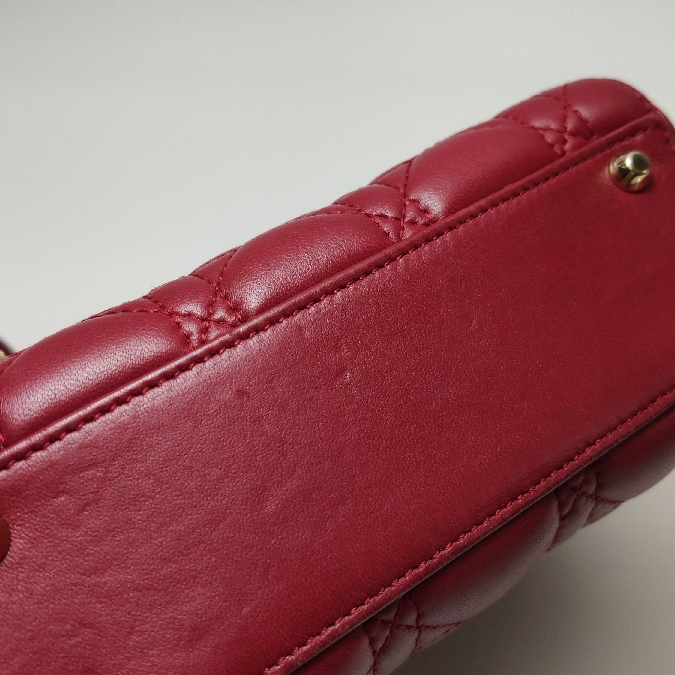Lady Dior Mini Red Lambskin Leather Gold HW Chain Strap For Sale 10