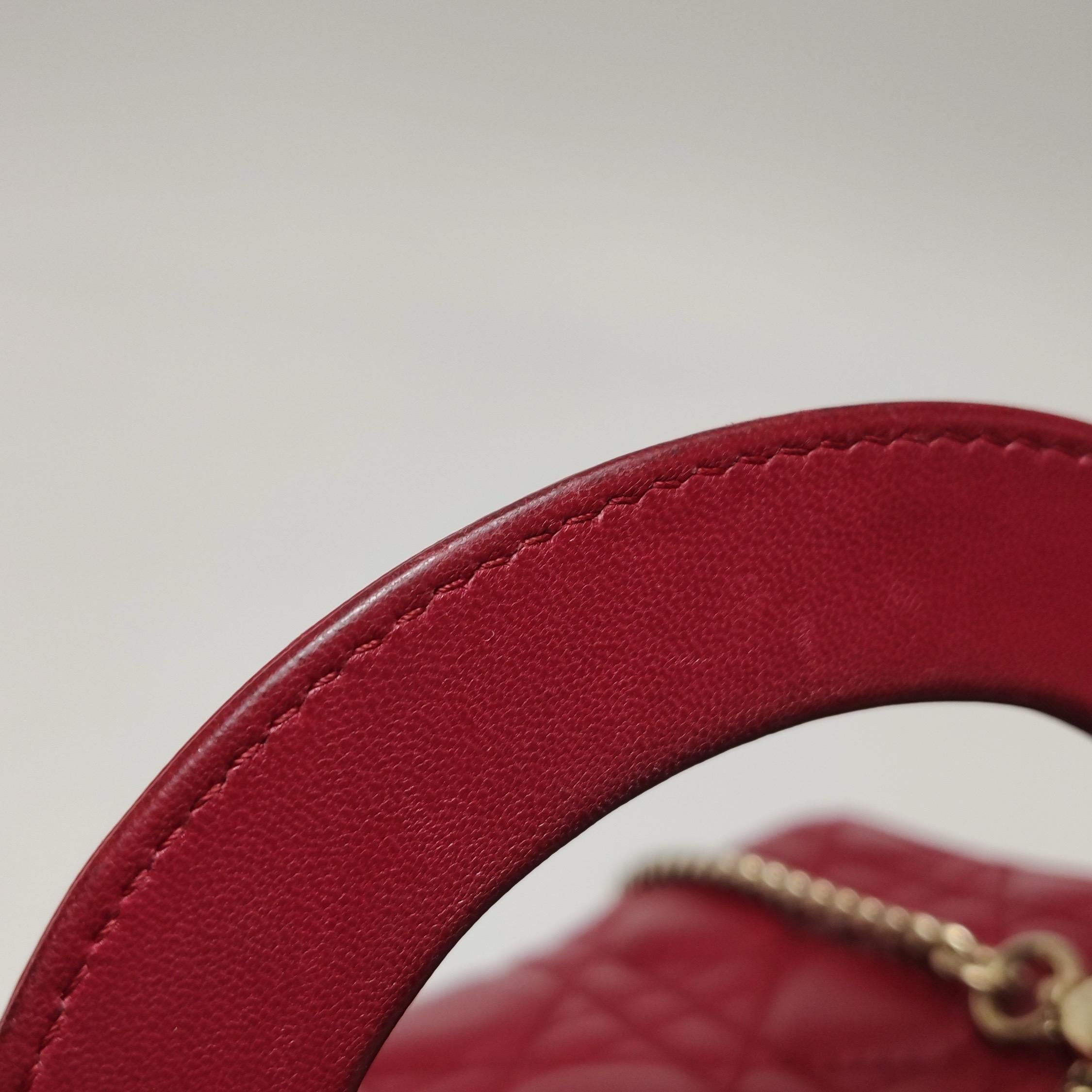Lady Dior Mini Red Lambskin Leather Gold HW Chain Strap For Sale 11