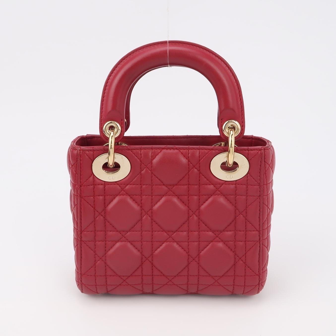 Lady Dior Mini Red Lambskin Leather Gold HW Chain Strap For Sale 1