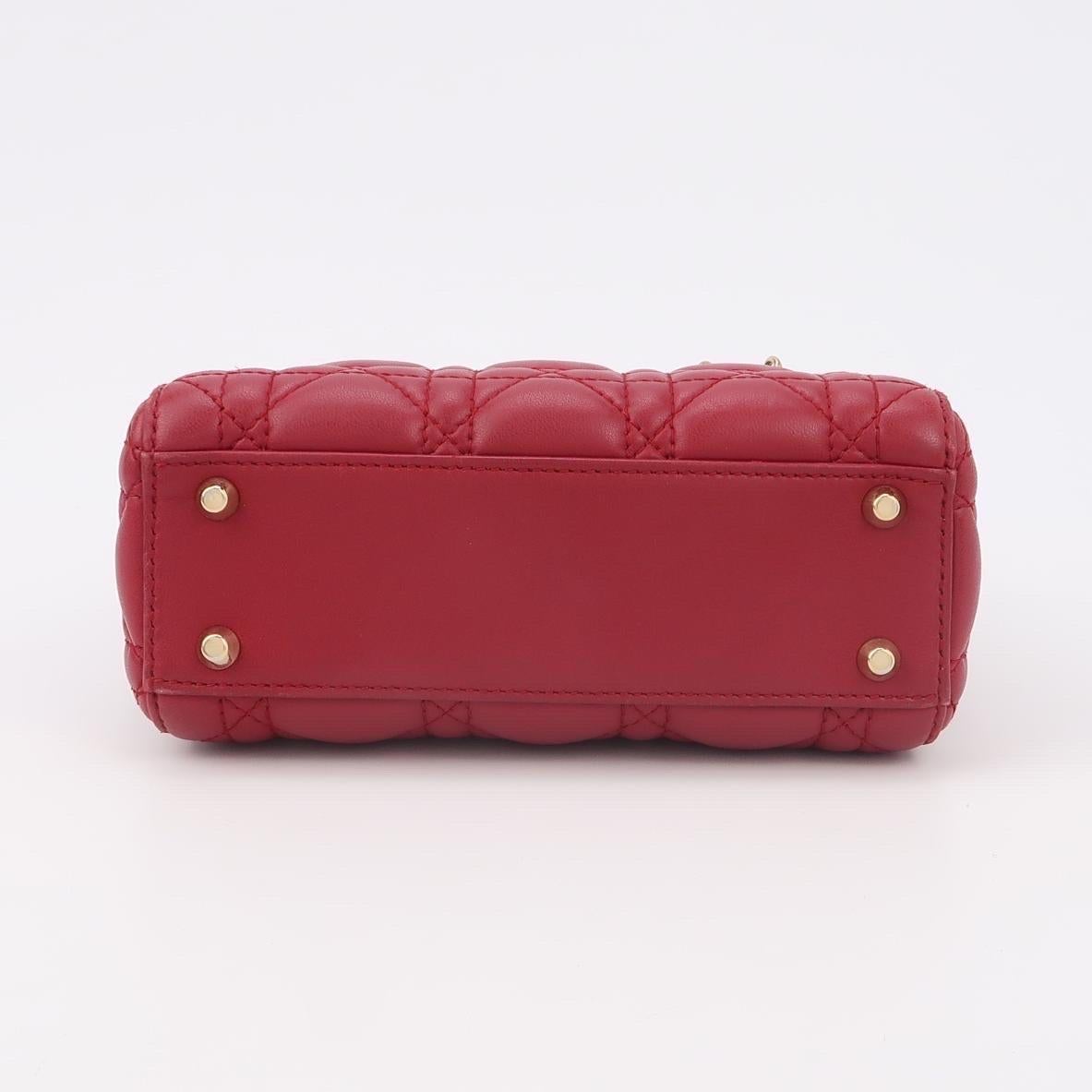 Lady Dior Mini Red Lambskin Leather Gold HW Chain Strap For Sale 2